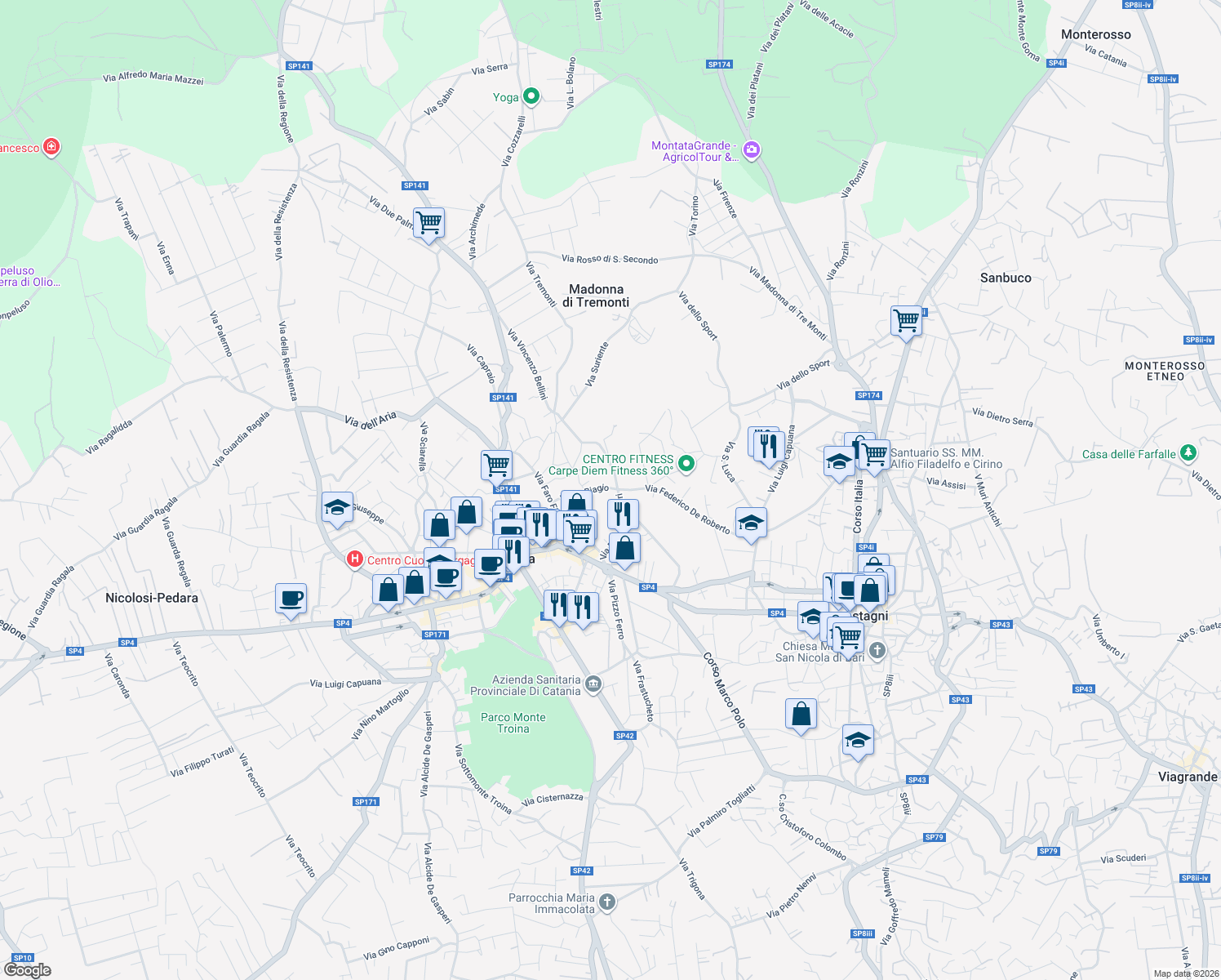 map of restaurants, bars, coffee shops, grocery stores, and more near 106 Via San Biagio in Pedara