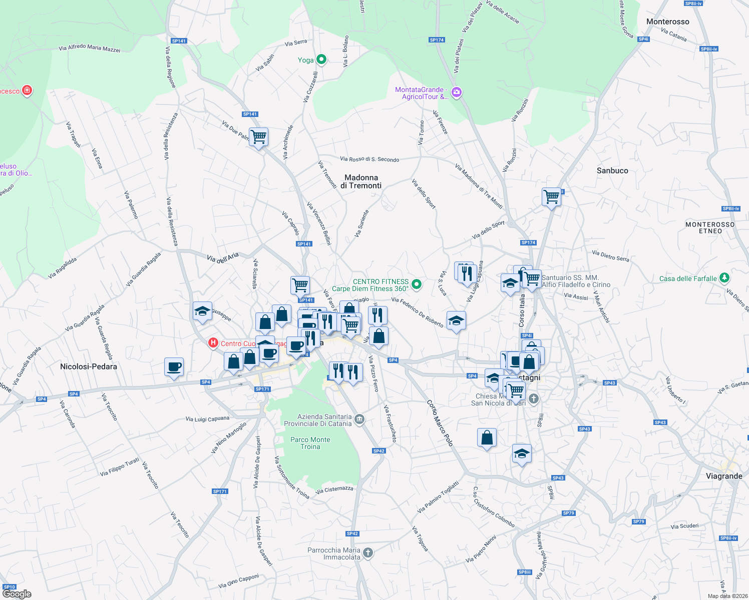 map of restaurants, bars, coffee shops, grocery stores, and more near 106 Via San Biagio in Pedara