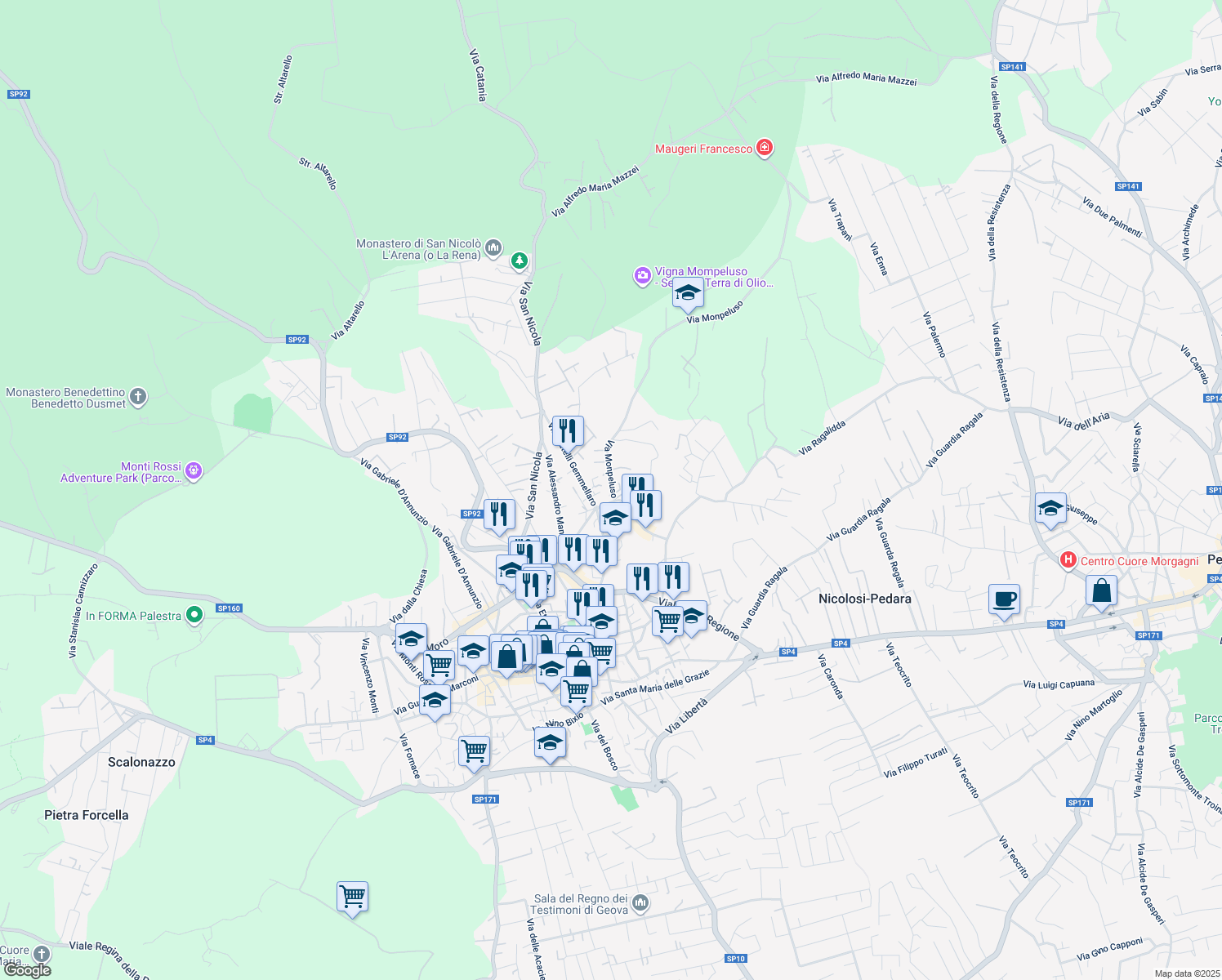 map of restaurants, bars, coffee shops, grocery stores, and more near 15 Via Monpeluso in Nicolosi