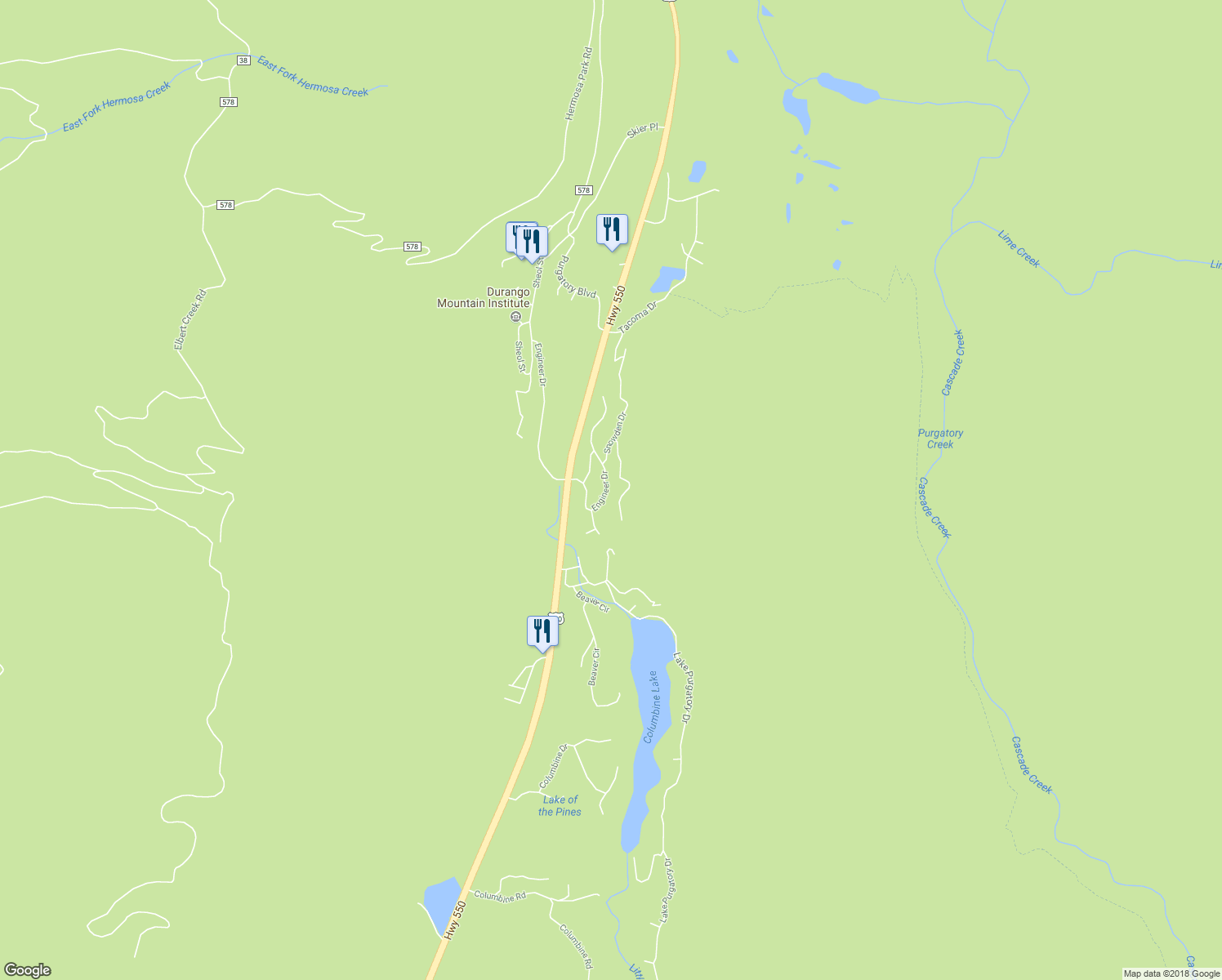 map of restaurants, bars, coffee shops, grocery stores, and more near 200 Engineer Dr in Durango