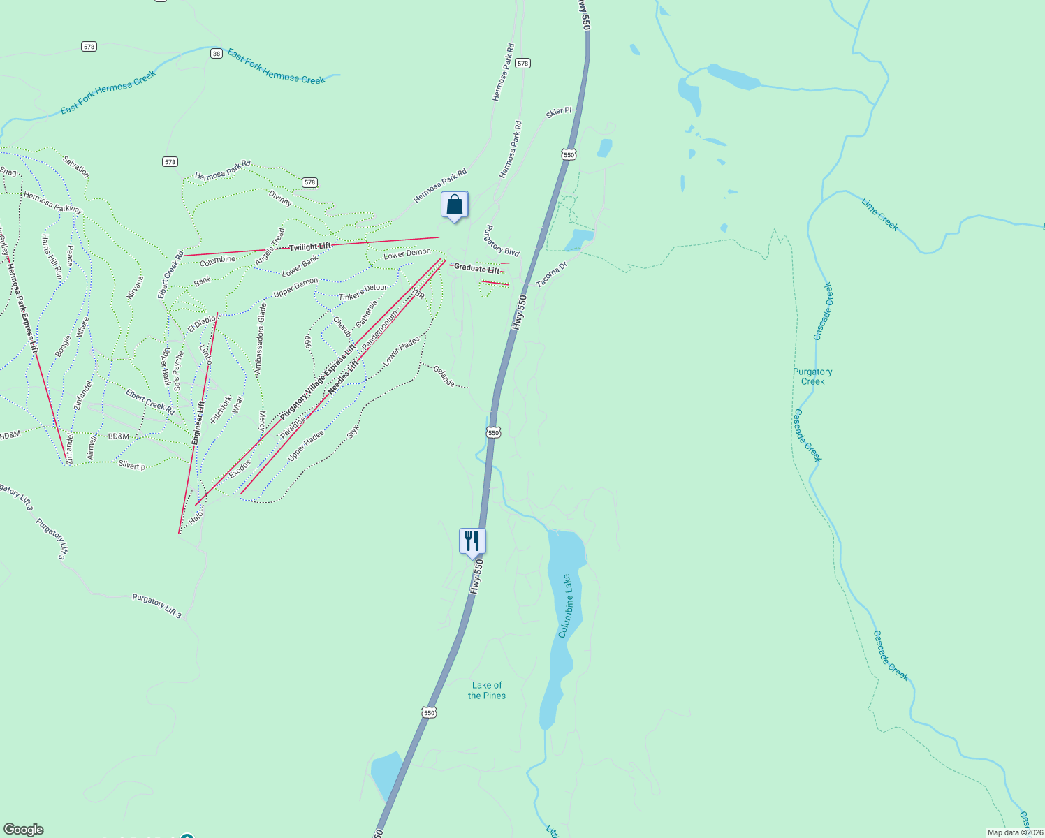 map of restaurants, bars, coffee shops, grocery stores, and more near 200 Engineer Drive in Durango