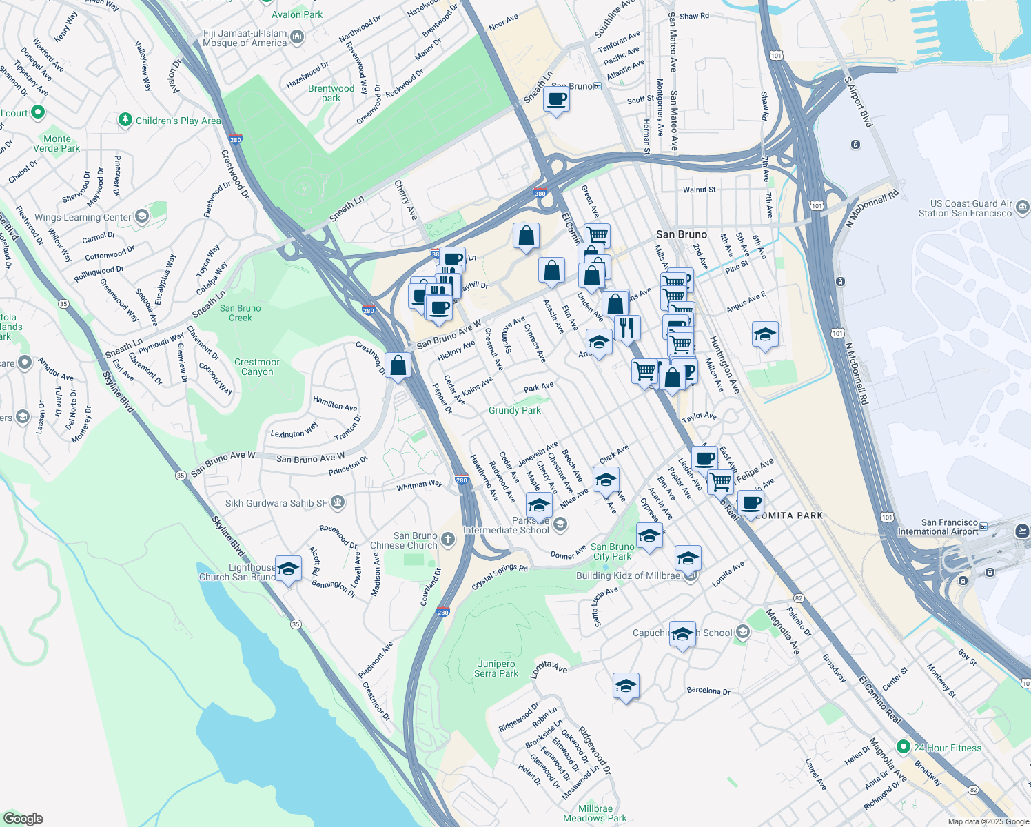 map of restaurants, bars, coffee shops, grocery stores, and more near 572 Cherry Avenue in San Bruno