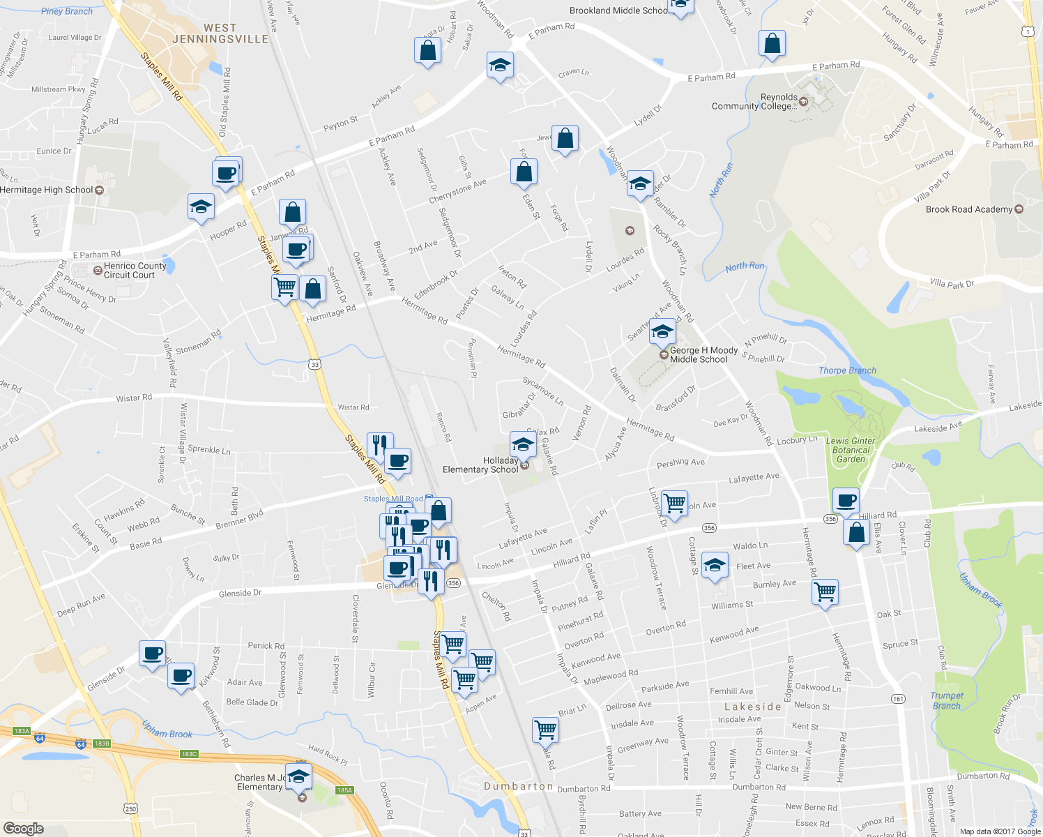 map of restaurants, bars, coffee shops, grocery stores, and more near 7109 Gibraltar Drive in Richmond