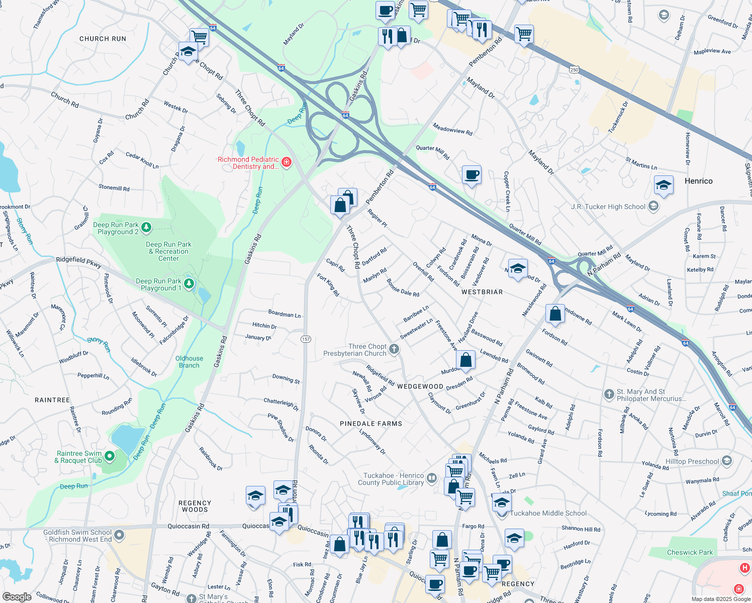 map of restaurants, bars, coffee shops, grocery stores, and more near 2104 Rainbow Drive in Richmond