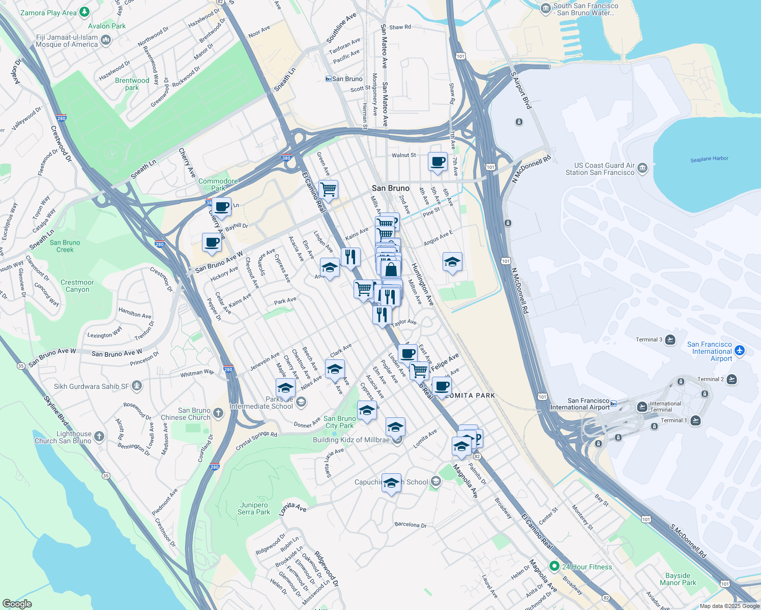 map of restaurants, bars, coffee shops, grocery stores, and more near 444 El Camino Real in San Bruno