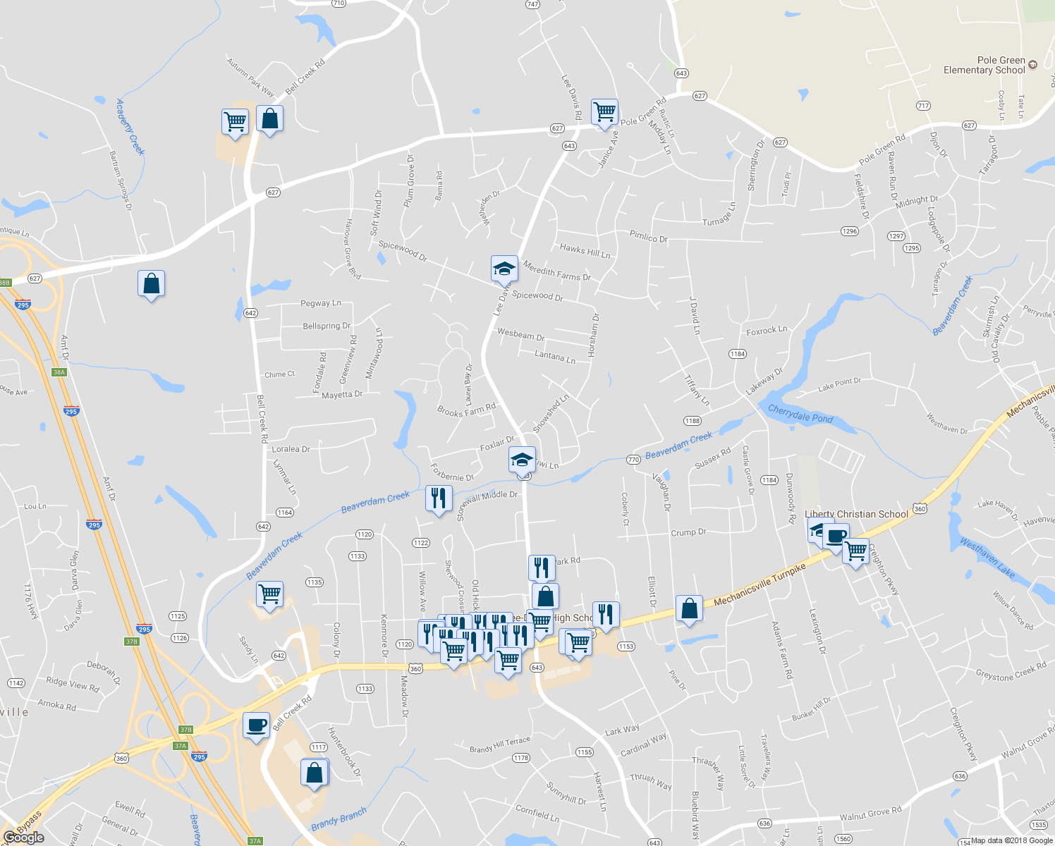 map of restaurants, bars, coffee shops, grocery stores, and more near 8134 Chestnut Grove Lane in Mechanicsville
