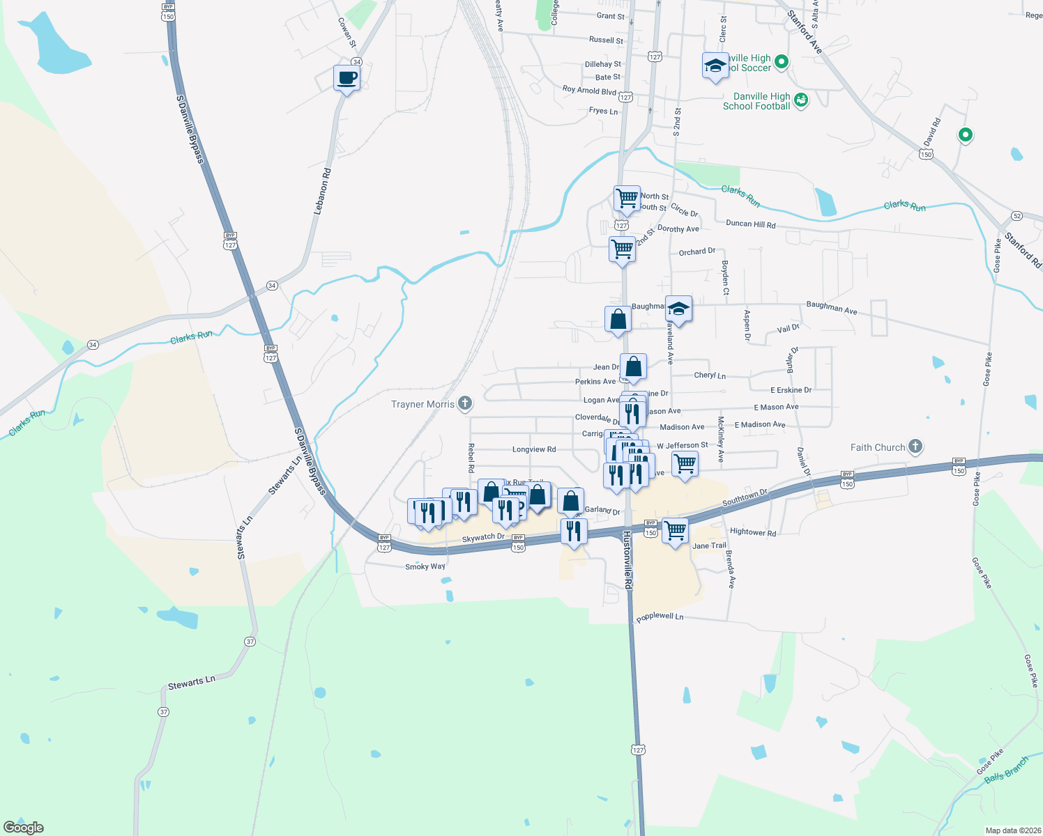 map of restaurants, bars, coffee shops, grocery stores, and more near 612 Cloverdale Dr in Danville