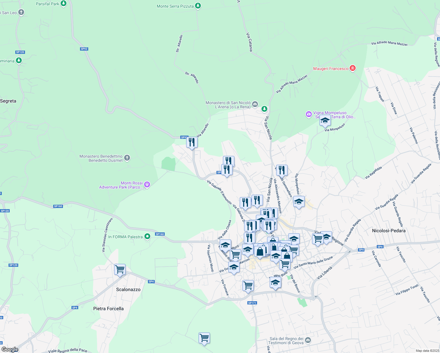 map of restaurants, bars, coffee shops, grocery stores, and more near Via Vincenzo Torre in Nicolosi