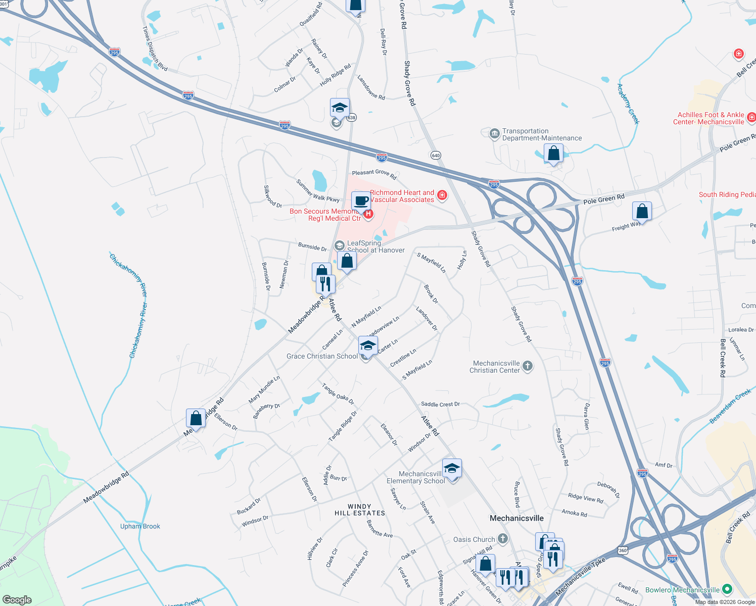 map of restaurants, bars, coffee shops, grocery stores, and more near 8252 N Mayfield Ln in Mechanicsville