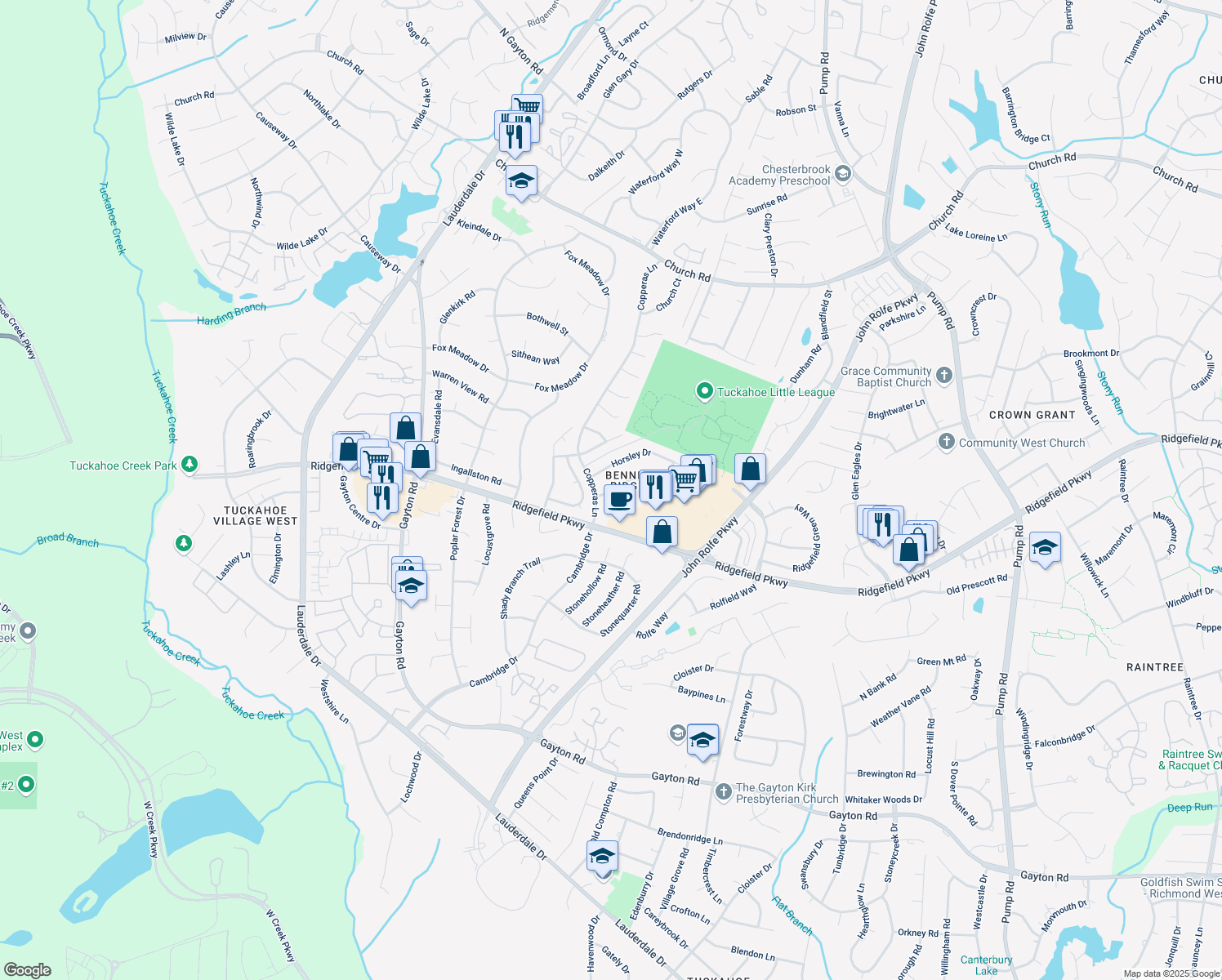 map of restaurants, bars, coffee shops, grocery stores, and more near 2208 Thornbury Drive in Henrico