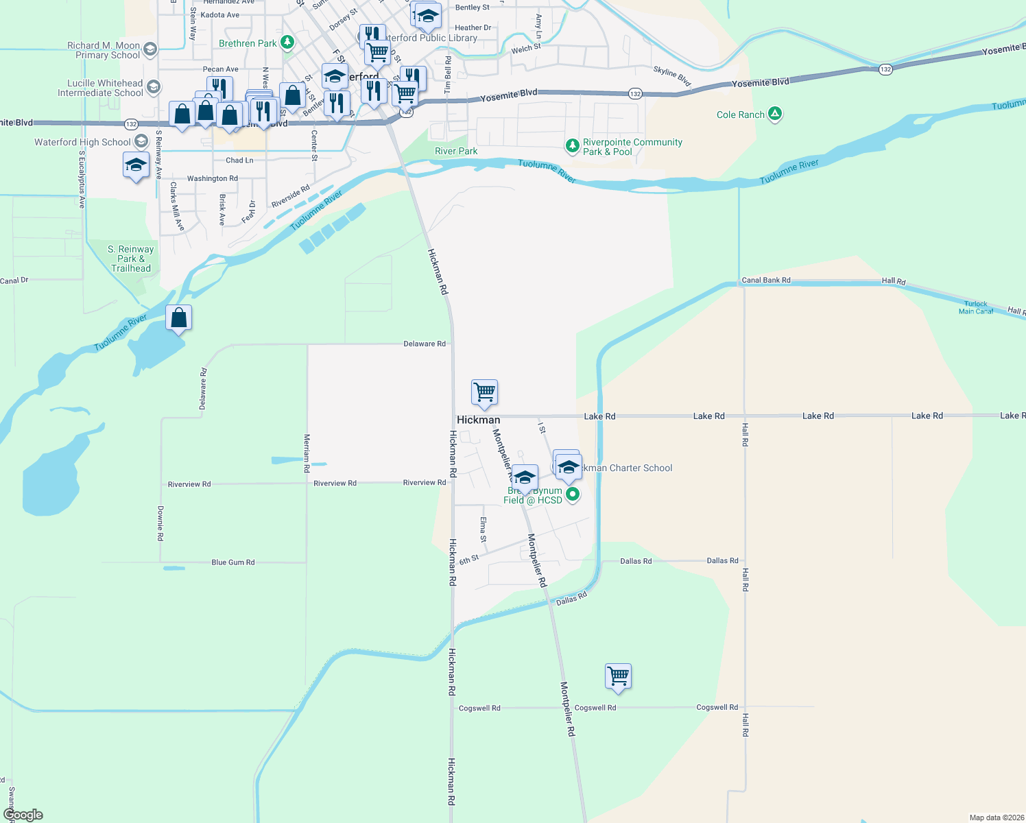 map of restaurants, bars, coffee shops, grocery stores, and more near 13243 Lake Road in Hickman