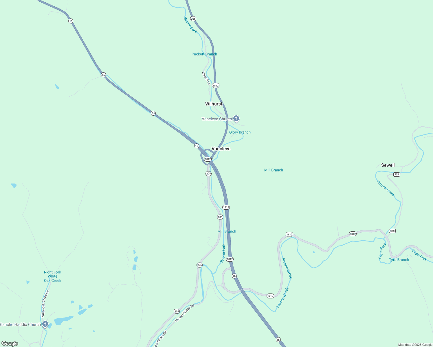 map of restaurants, bars, coffee shops, grocery stores, and more near Highway 15 in Vancleve