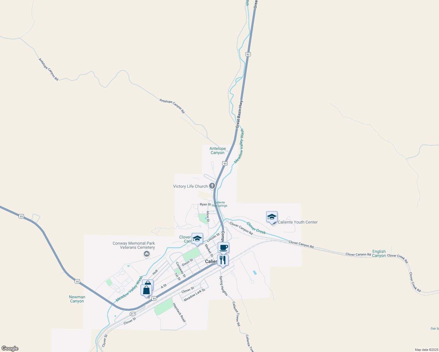 map of restaurants, bars, coffee shops, grocery stores, and more near 100 North Spring Street in Caliente