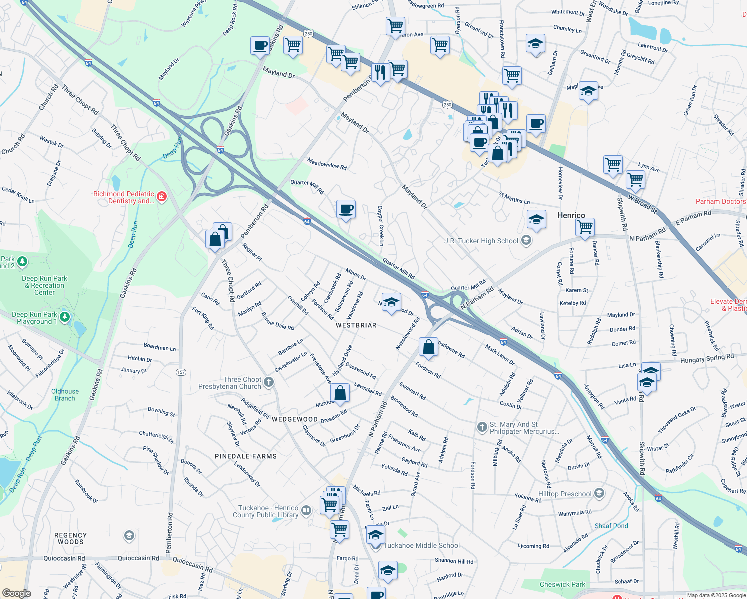 map of restaurants, bars, coffee shops, grocery stores, and more near 2500 Haviland Drive in Henrico