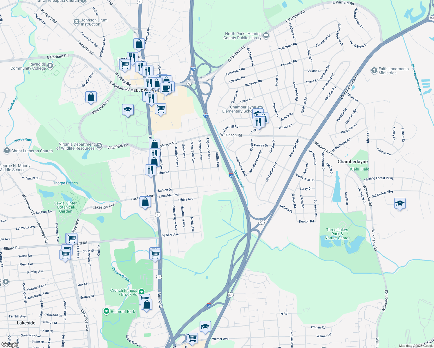 map of restaurants, bars, coffee shops, grocery stores, and more near 7412 Griffin Avenue in Richmond