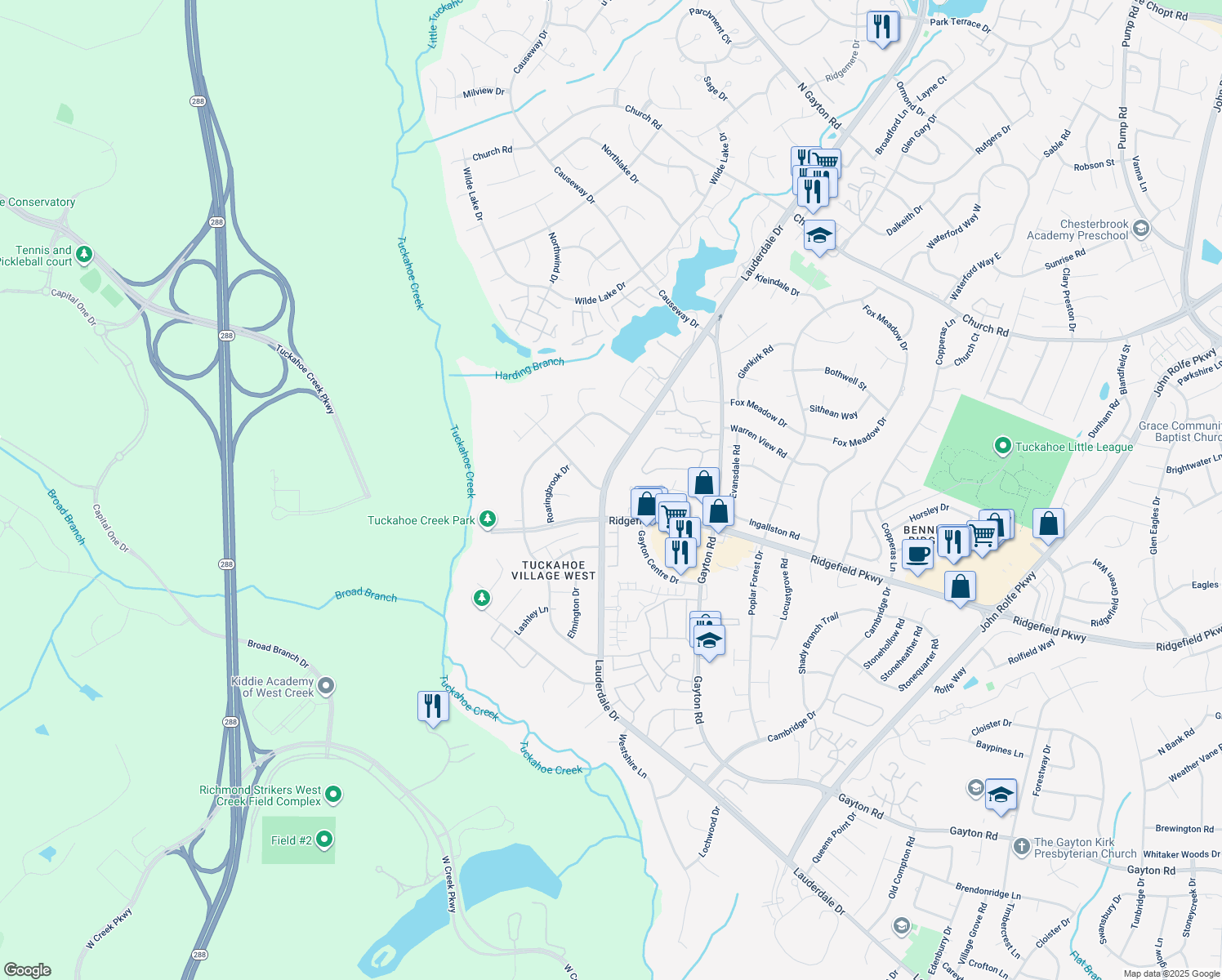 map of restaurants, bars, coffee shops, grocery stores, and more near 2509 Lauderdale Drive in Richmond