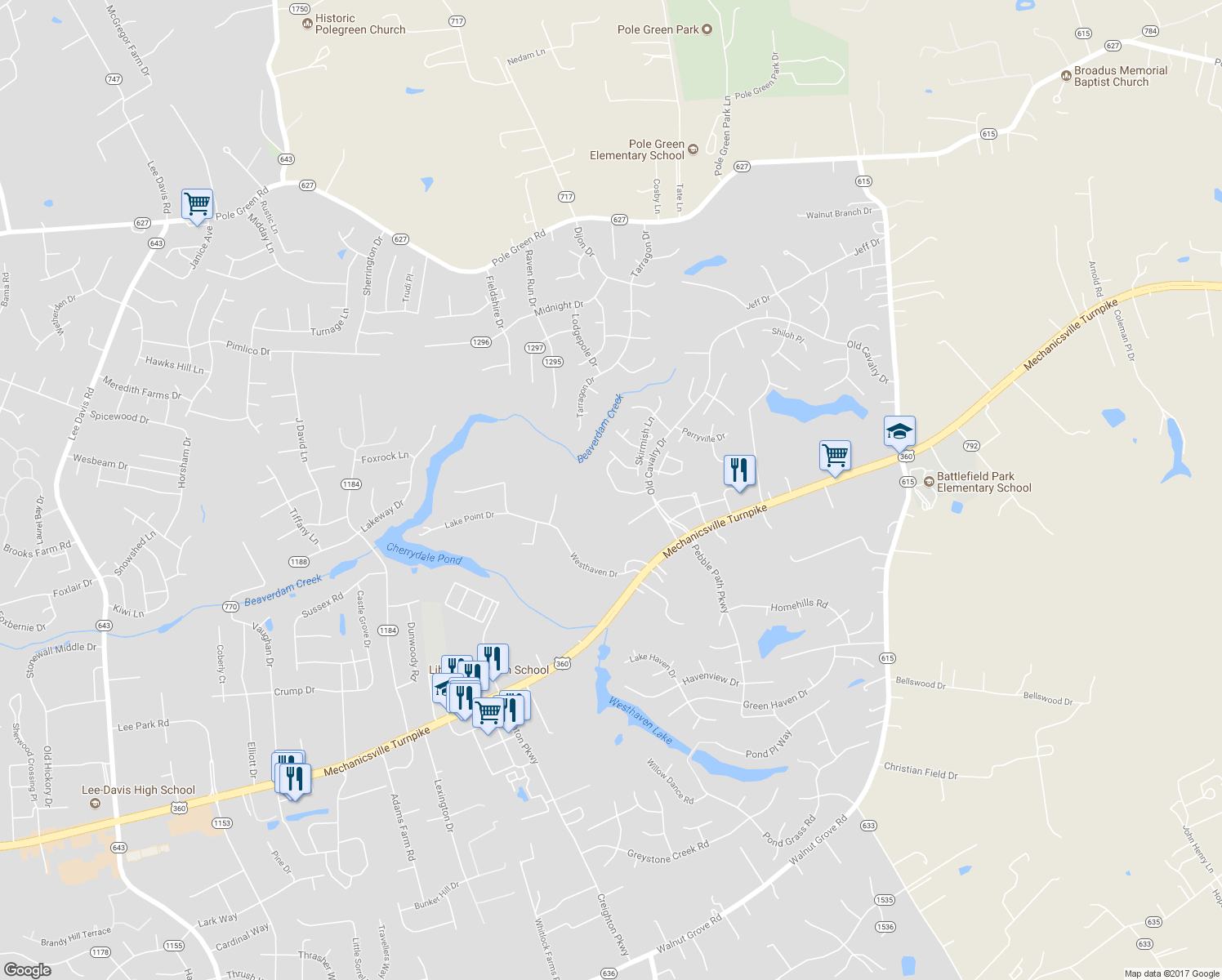 map of restaurants, bars, coffee shops, grocery stores, and more near 6163 Winding Hills Drive in Mechanicsville