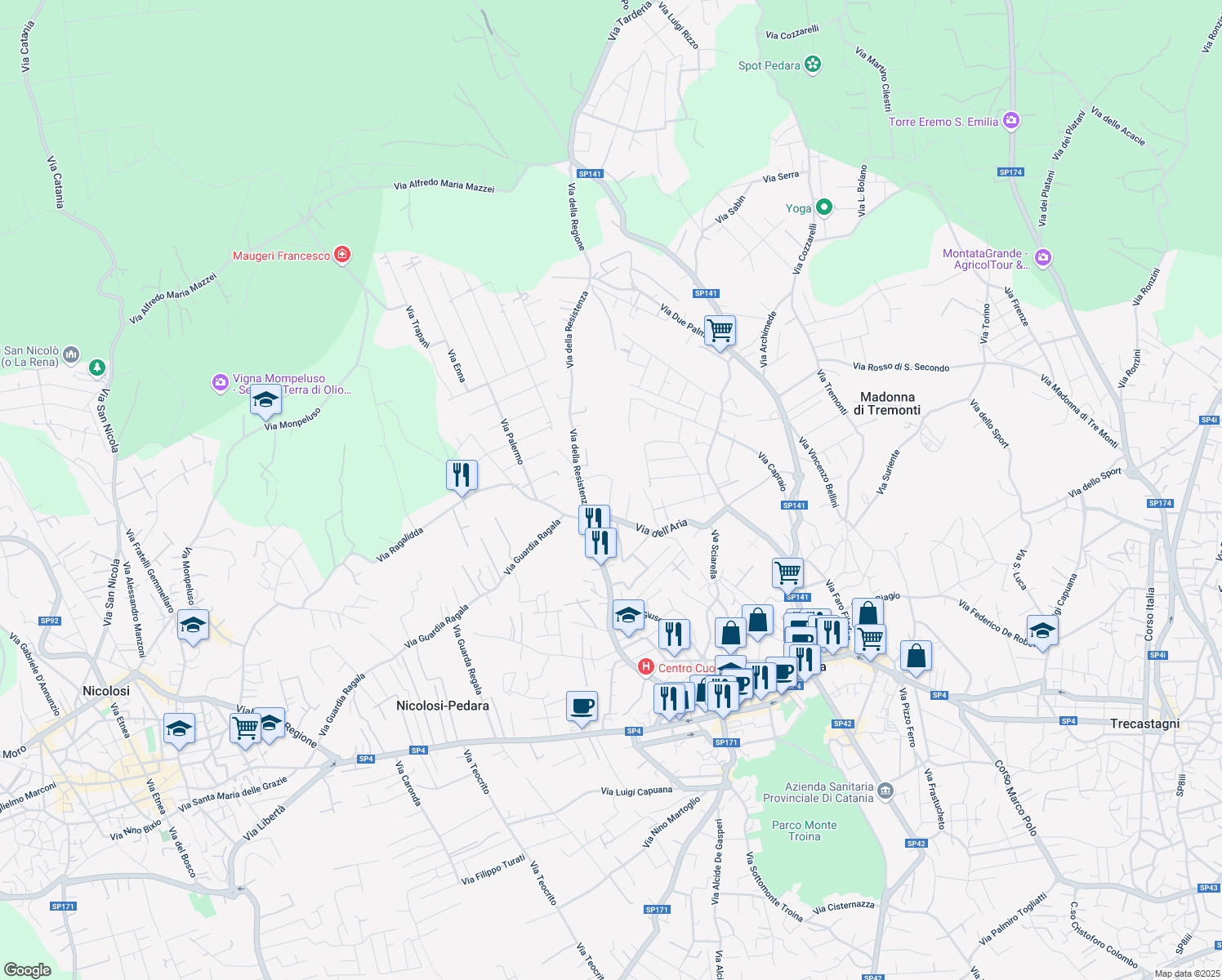 map of restaurants, bars, coffee shops, grocery stores, and more near 22 Via Antonio Pacinotti in Pedara