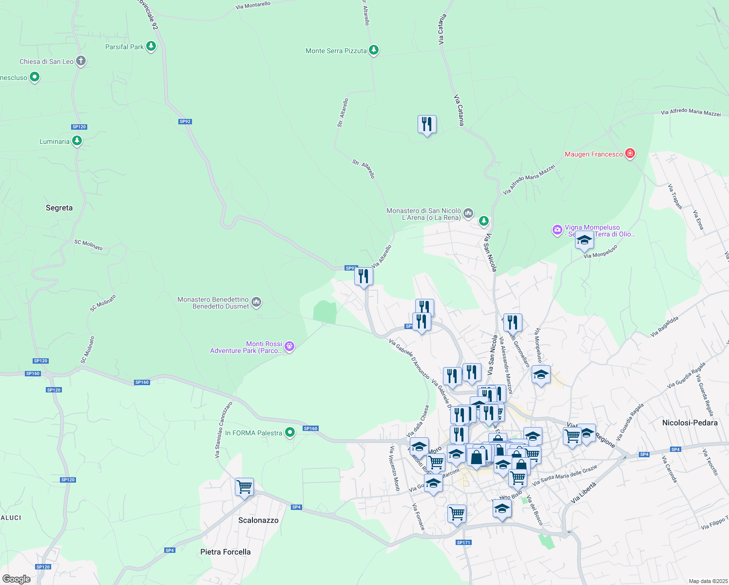 map of restaurants, bars, coffee shops, grocery stores, and more near 172 SP92 in Nicolosi