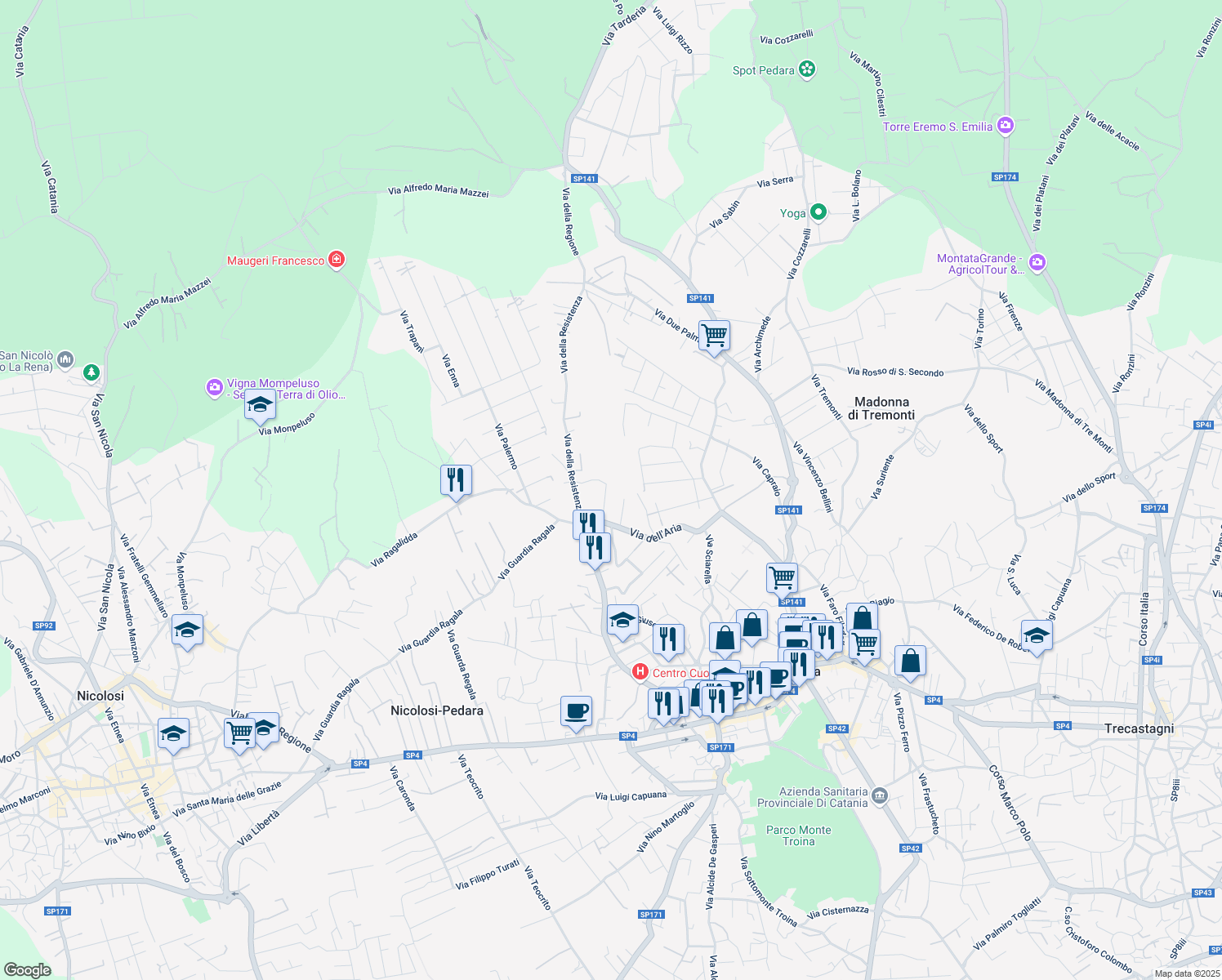 map of restaurants, bars, coffee shops, grocery stores, and more near 22 Via Antonio Pacinotti in Pedara