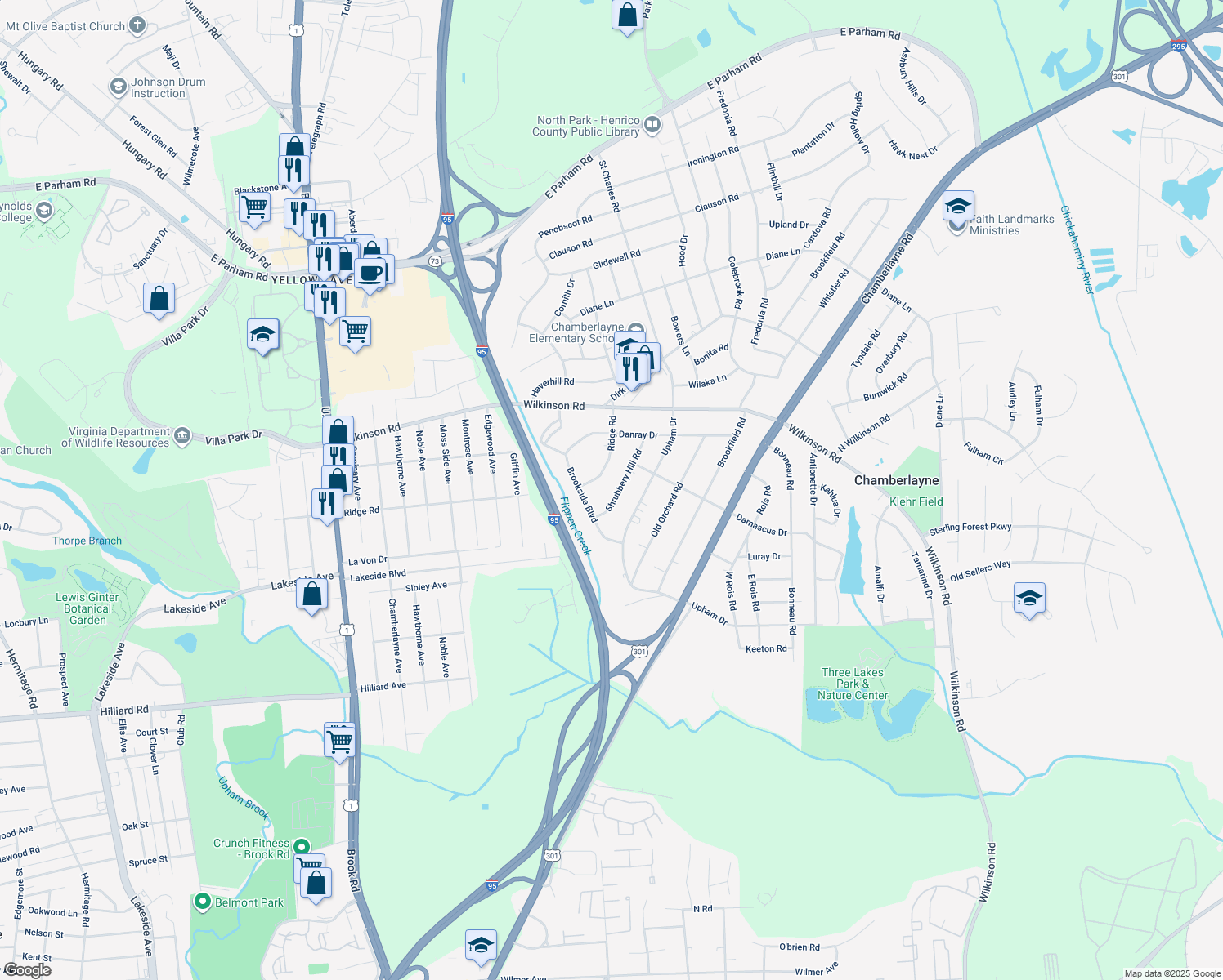 map of restaurants, bars, coffee shops, grocery stores, and more near 5906 Shrubbery Hill Rd in Richmond