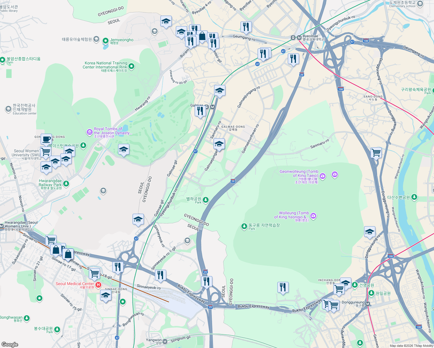 map of restaurants, bars, coffee shops, grocery stores, and more near in Guri-si