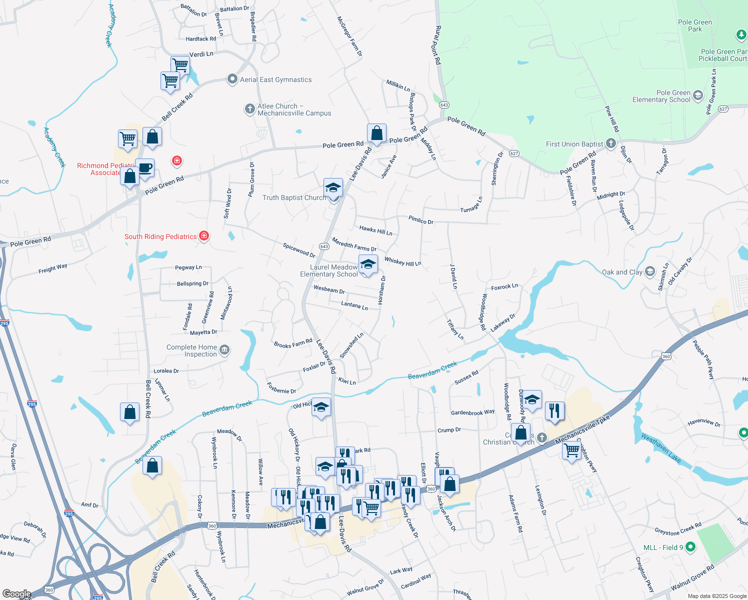 map of restaurants, bars, coffee shops, grocery stores, and more near 7035 Wesbeam Drive in Mechanicsville