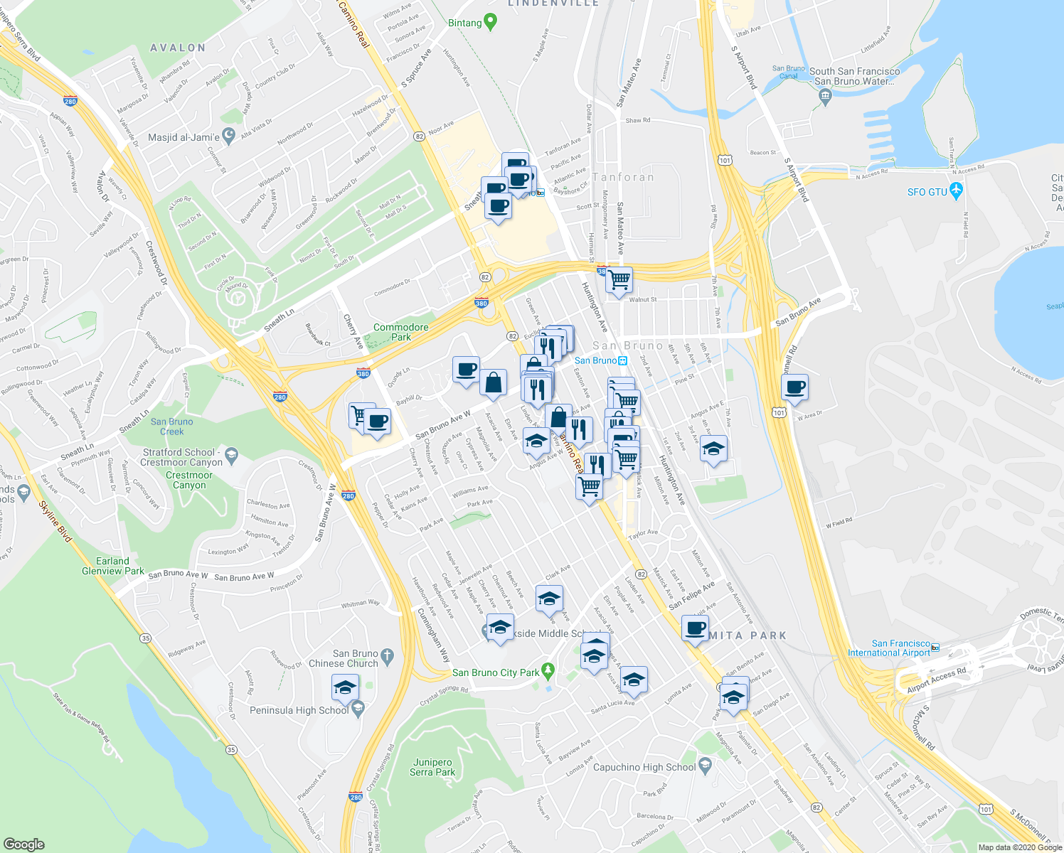 map of restaurants, bars, coffee shops, grocery stores, and more near 701 Linden Avenue in San Bruno