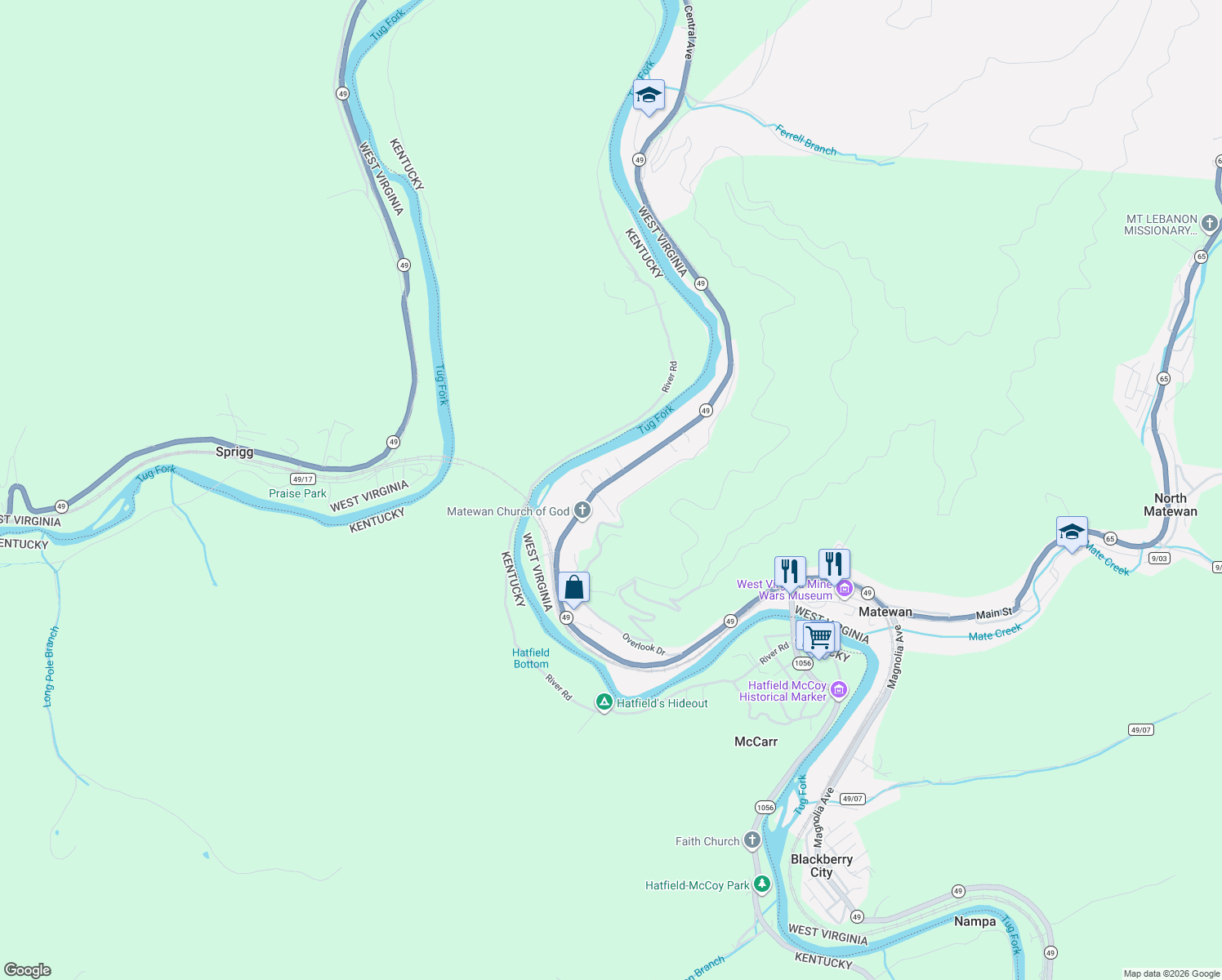 map of restaurants, bars, coffee shops, grocery stores, and more near 1347-1349 West Virginia 49 in Williamson