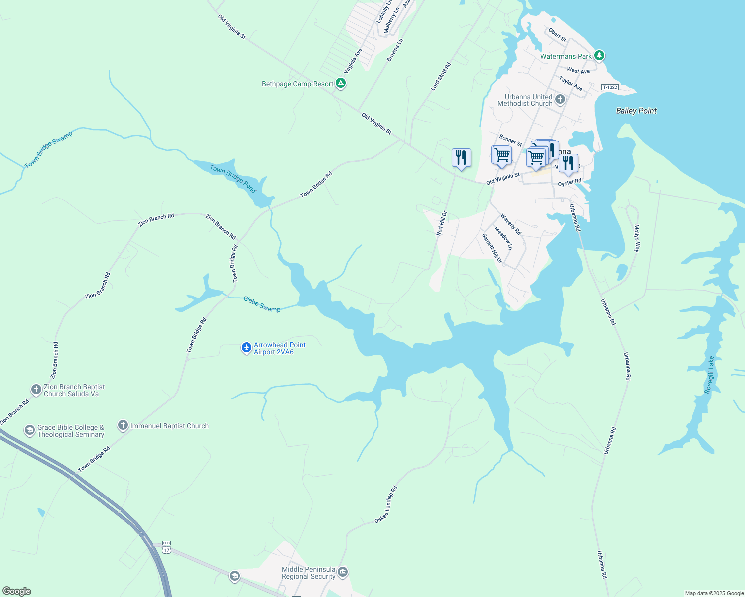 map of restaurants, bars, coffee shops, grocery stores, and more near 828 State Route 1011 in Urbanna