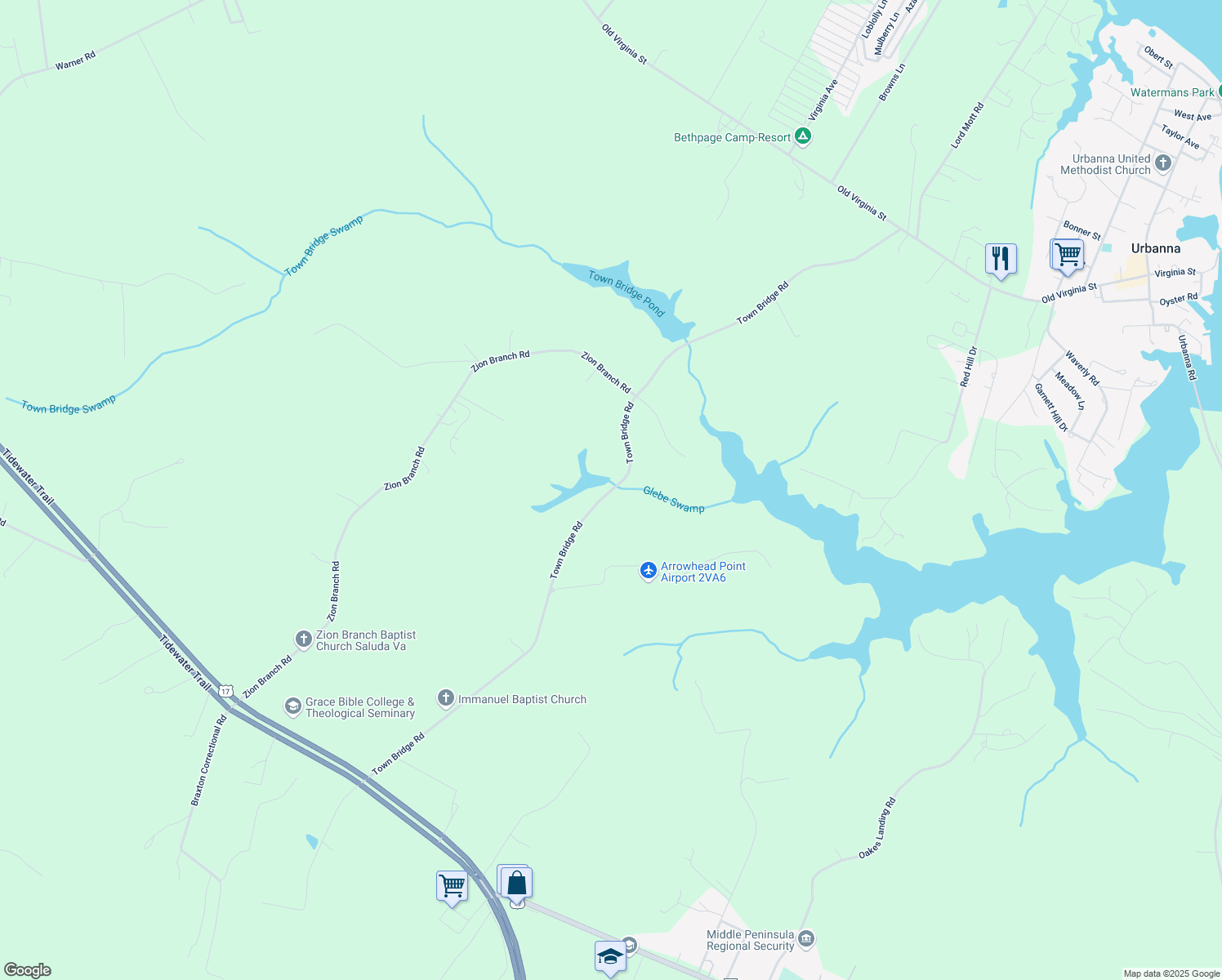 map of restaurants, bars, coffee shops, grocery stores, and more near Town Bridge Road in Urbanna