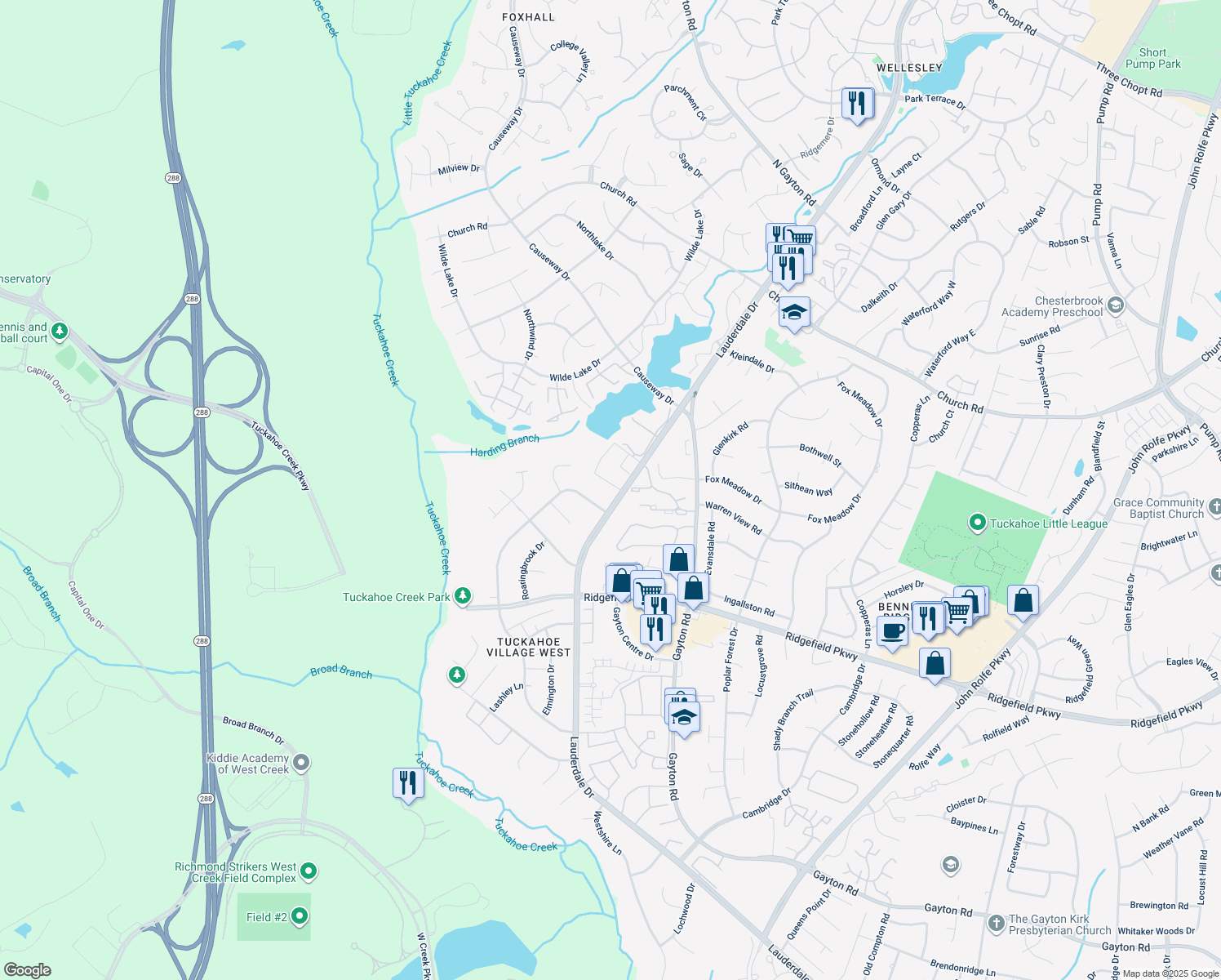 map of restaurants, bars, coffee shops, grocery stores, and more near 2611 Chancer Drive in Richmond