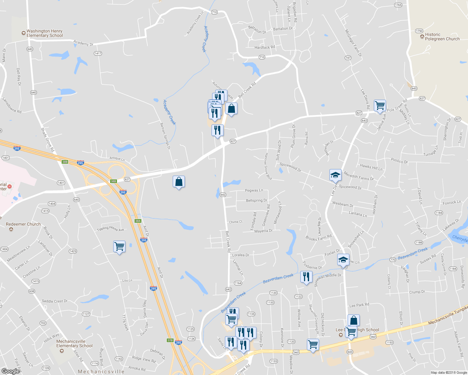 map of restaurants, bars, coffee shops, grocery stores, and more near 7276 Pegway Lane in Mechanicsville