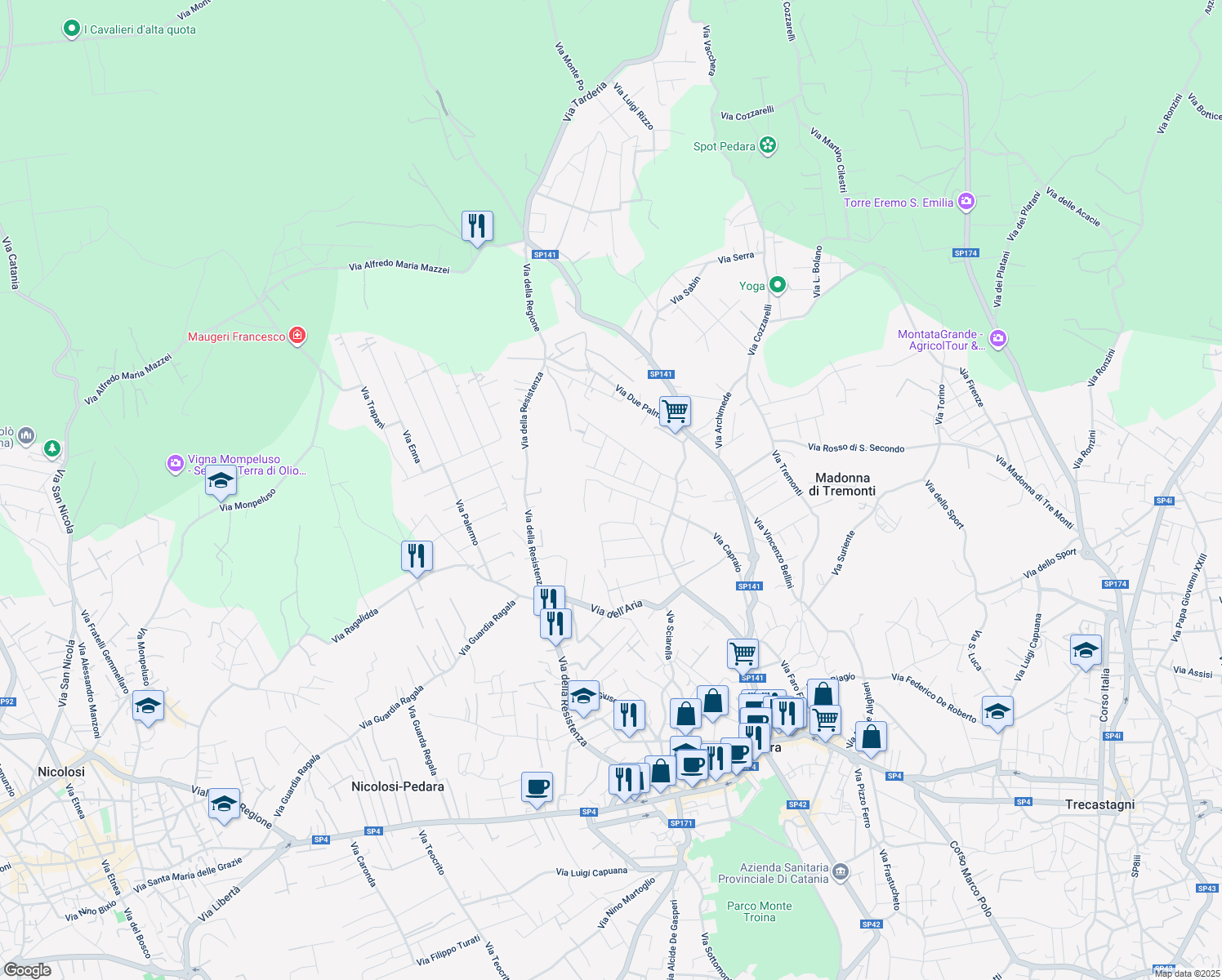 map of restaurants, bars, coffee shops, grocery stores, and more near 37 Via Capraio in Pedara