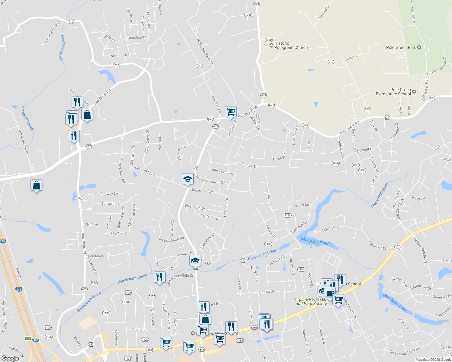 map of restaurants, bars, coffee shops, grocery stores, and more near 8216 Prism Court in Mechanicsville
