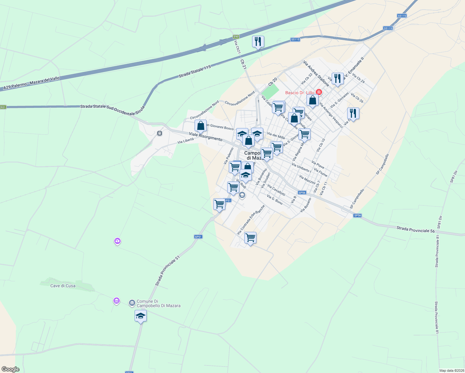 map of restaurants, bars, coffee shops, grocery stores, and more near 132 Via Tre Fontane in Campobello di Mazara