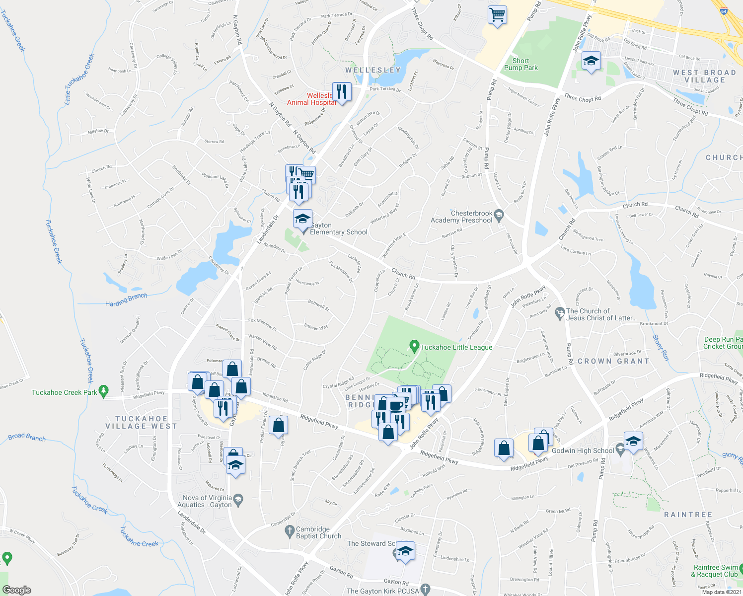map of restaurants, bars, coffee shops, grocery stores, and more near 12906 Copperas Lane in Henrico