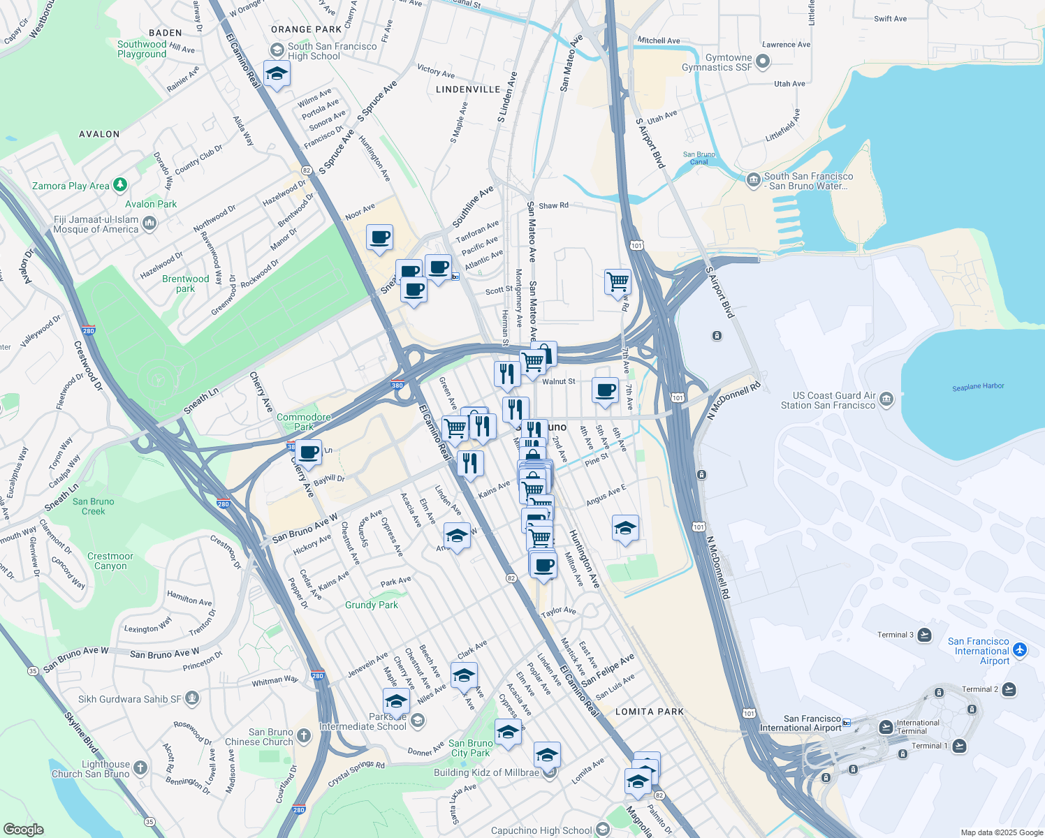 map of restaurants, bars, coffee shops, grocery stores, and more near Huntington Avenue in San Bruno