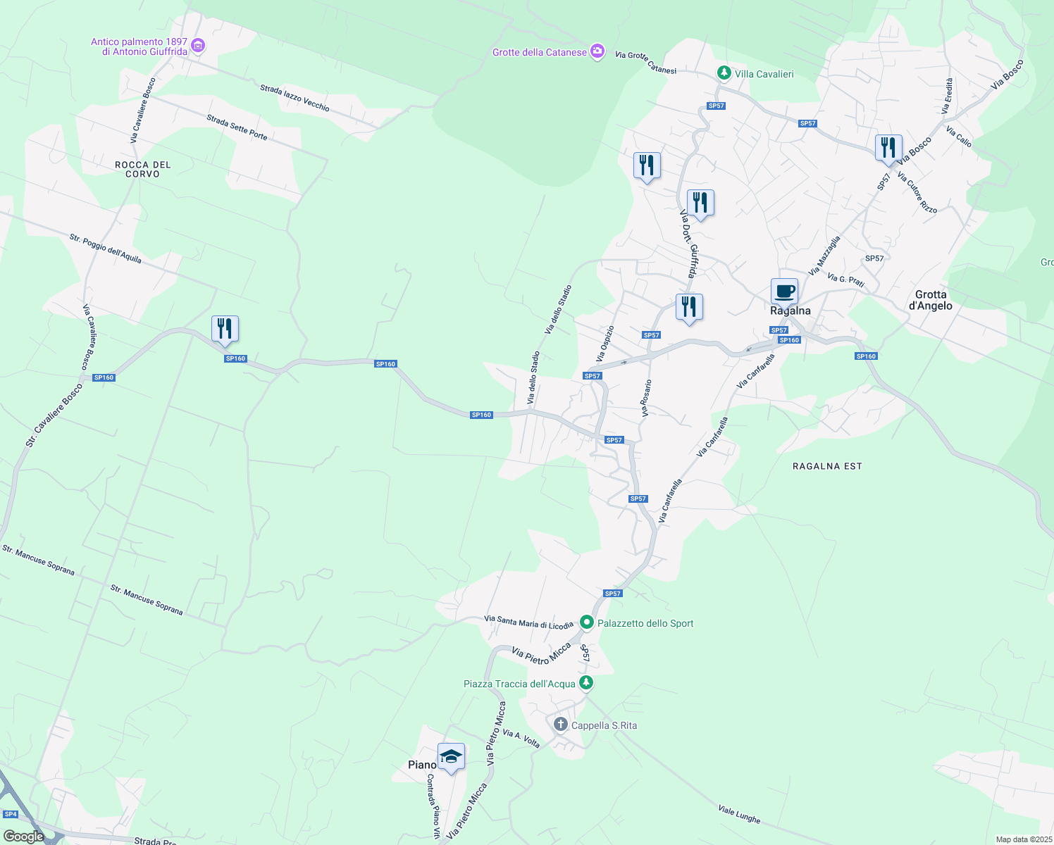 map of restaurants, bars, coffee shops, grocery stores, and more near 38A Via Villaggio San Francesco in Ragalna