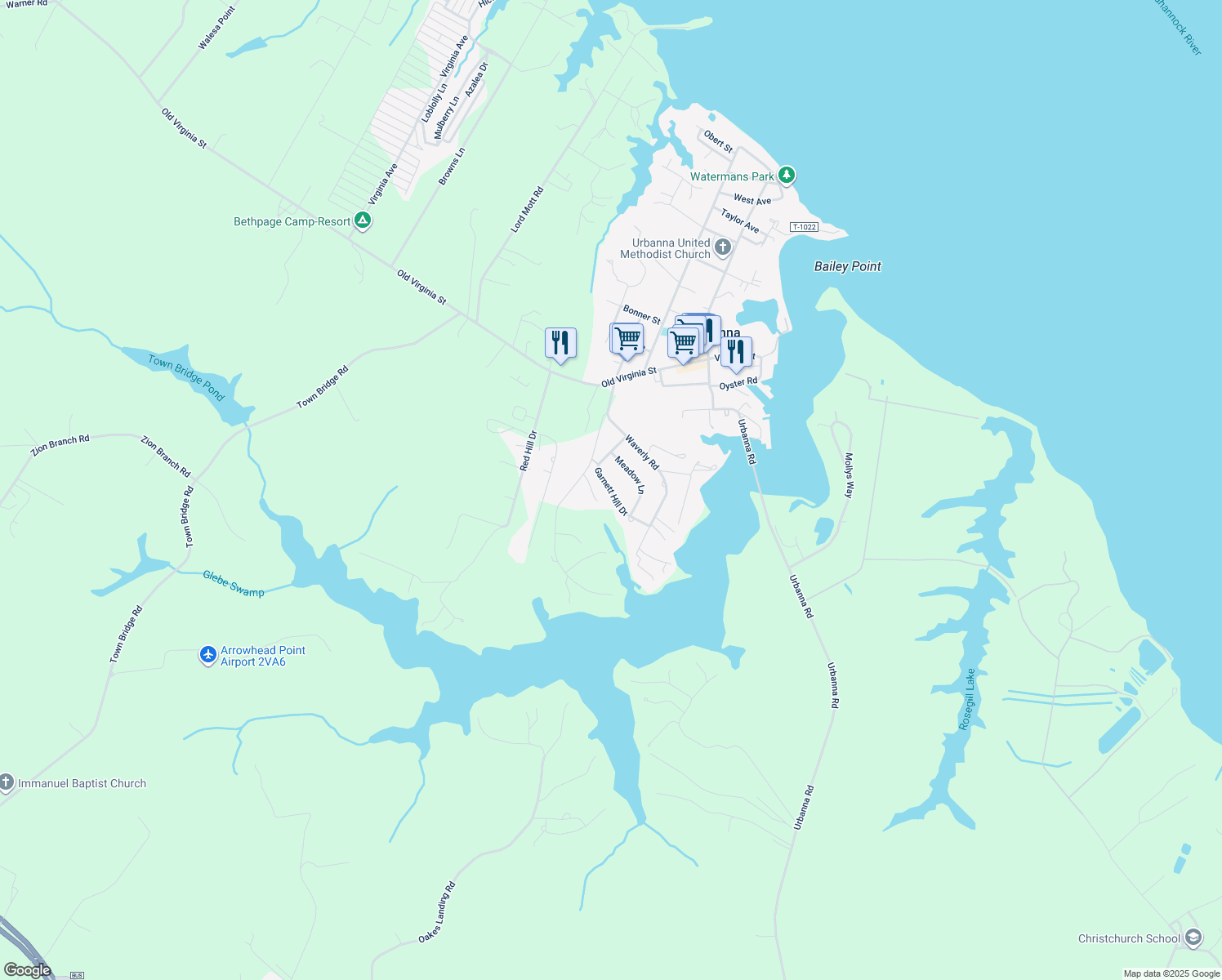 map of restaurants, bars, coffee shops, grocery stores, and more near Garnett Hill Drive in Urbanna
