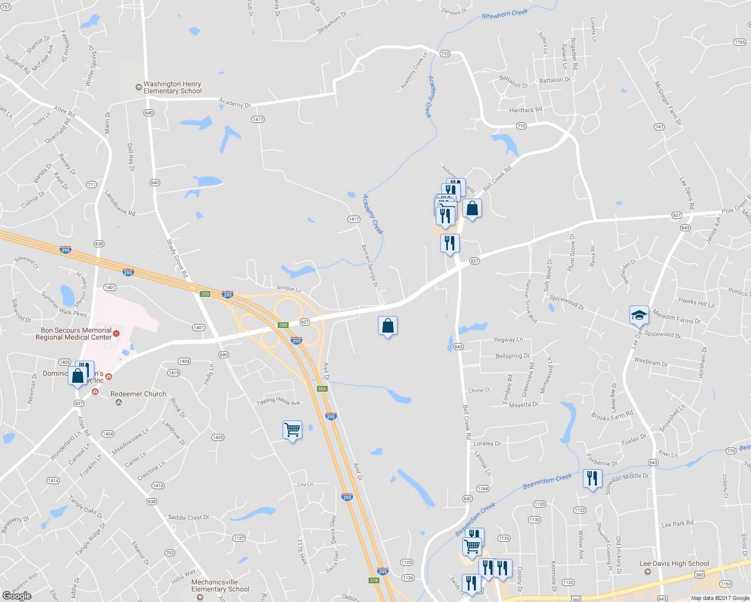 map of restaurants, bars, coffee shops, grocery stores, and more near 7402 Antique Lane in Mechanicsville