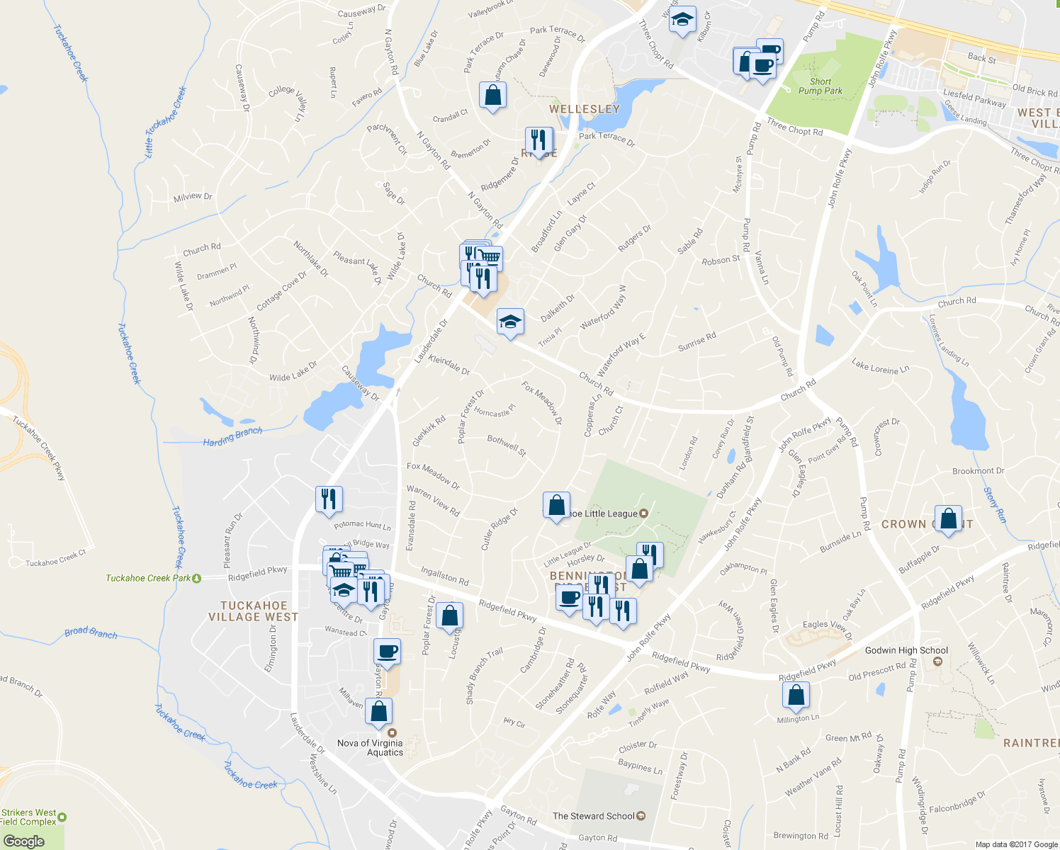 map of restaurants, bars, coffee shops, grocery stores, and more near 2909 Leffingwell Place in Henrico