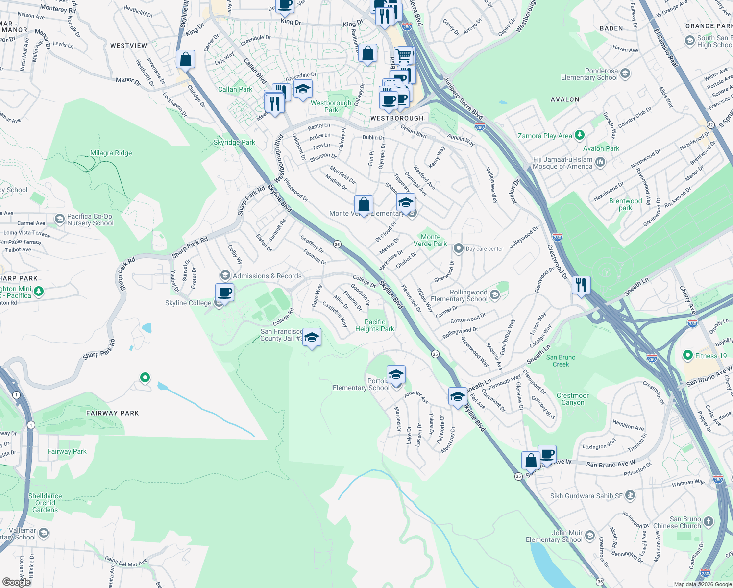 map of restaurants, bars, coffee shops, grocery stores, and more near 228 Goodwin Drive in San Bruno