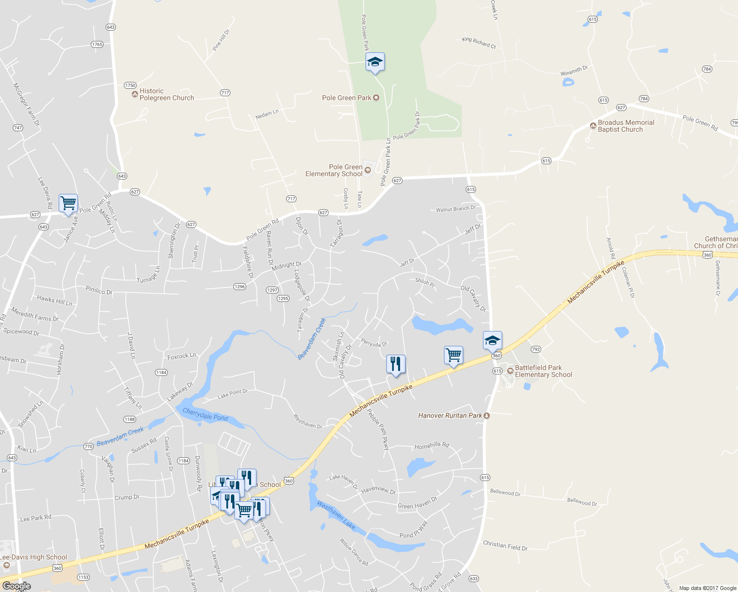 map of restaurants, bars, coffee shops, grocery stores, and more near 6107 Magazine Drive in Mechanicsville