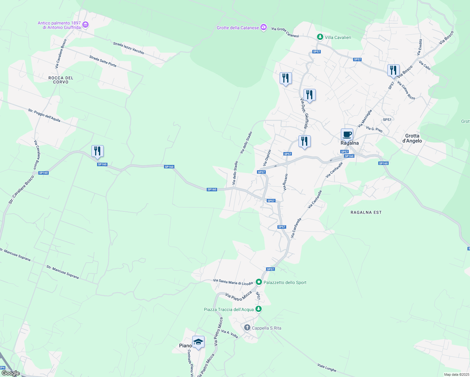 map of restaurants, bars, coffee shops, grocery stores, and more near 38A Via Villaggio San Francesco in Ragalna