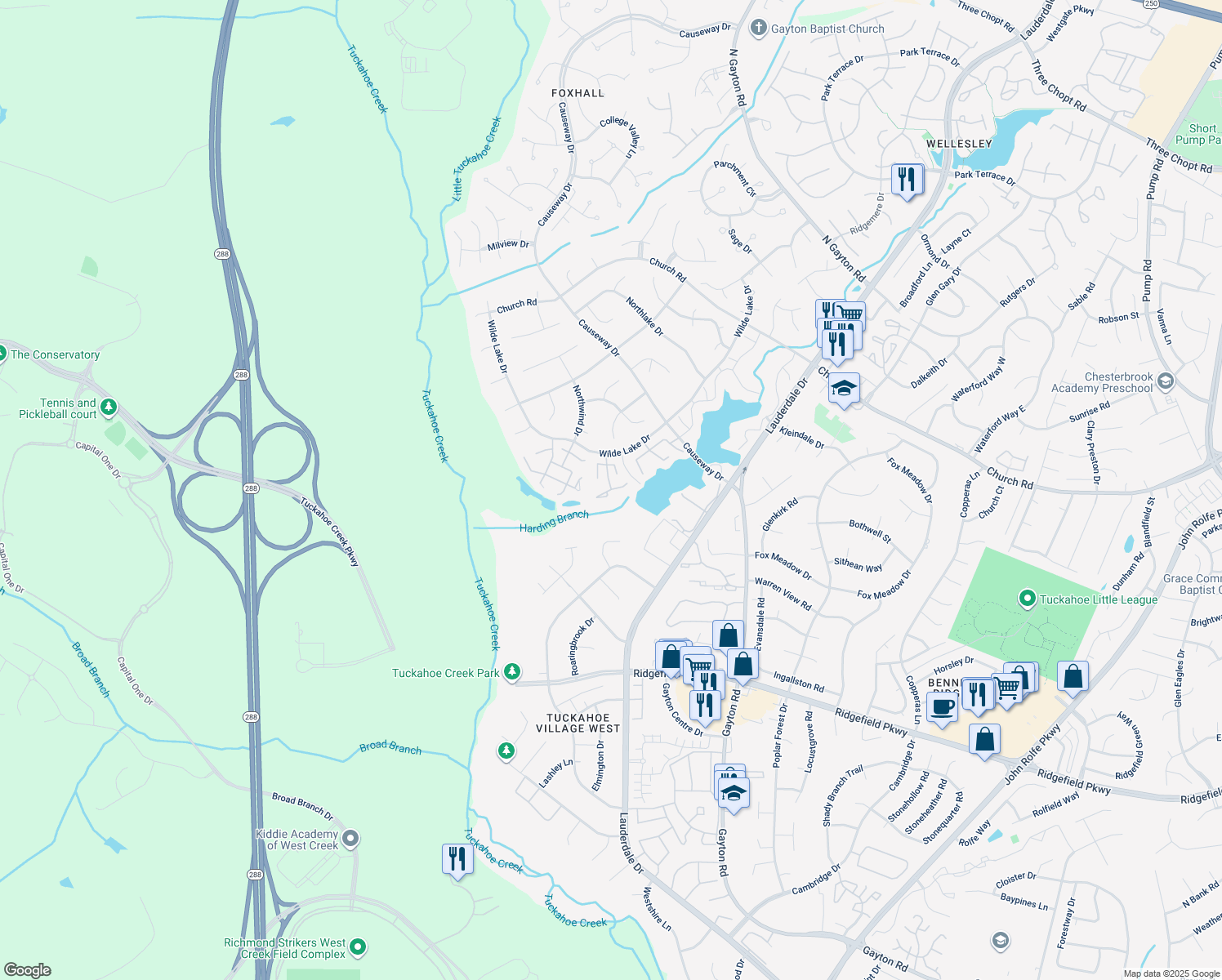 map of restaurants, bars, coffee shops, grocery stores, and more near 2623 Duffy Court in Henrico