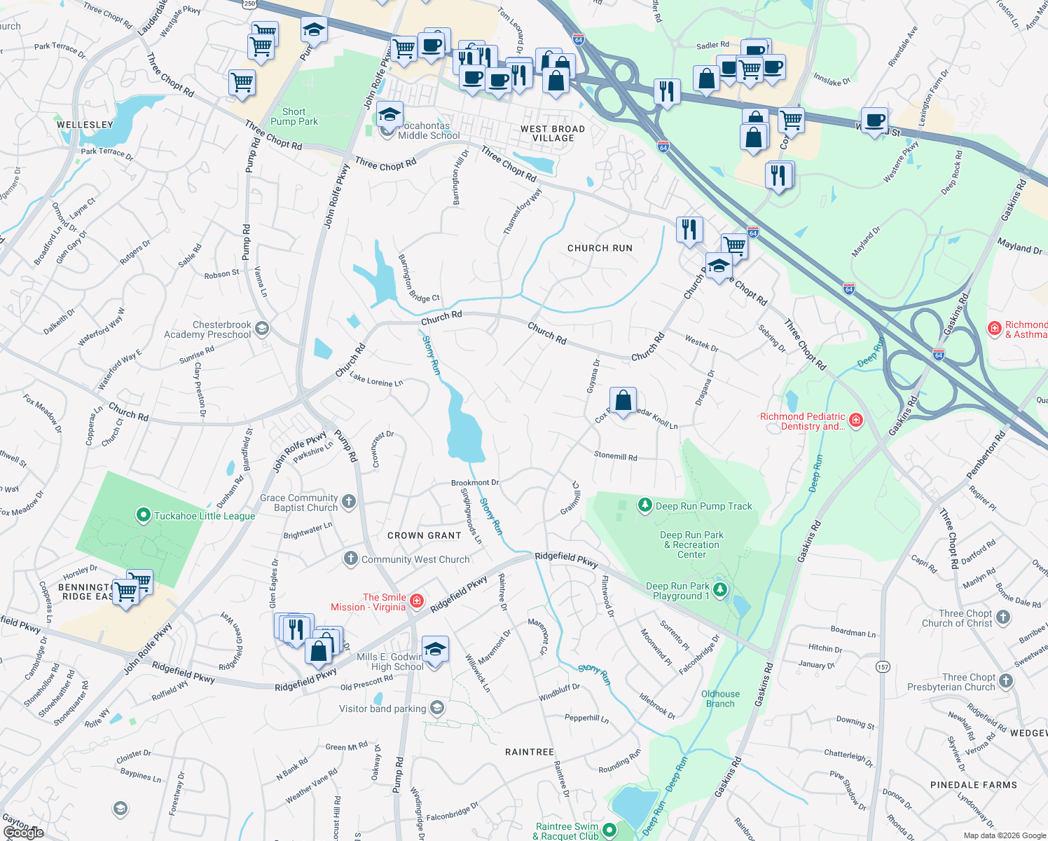 map of restaurants, bars, coffee shops, grocery stores, and more near 2320 Crickhollow Court in Richmond