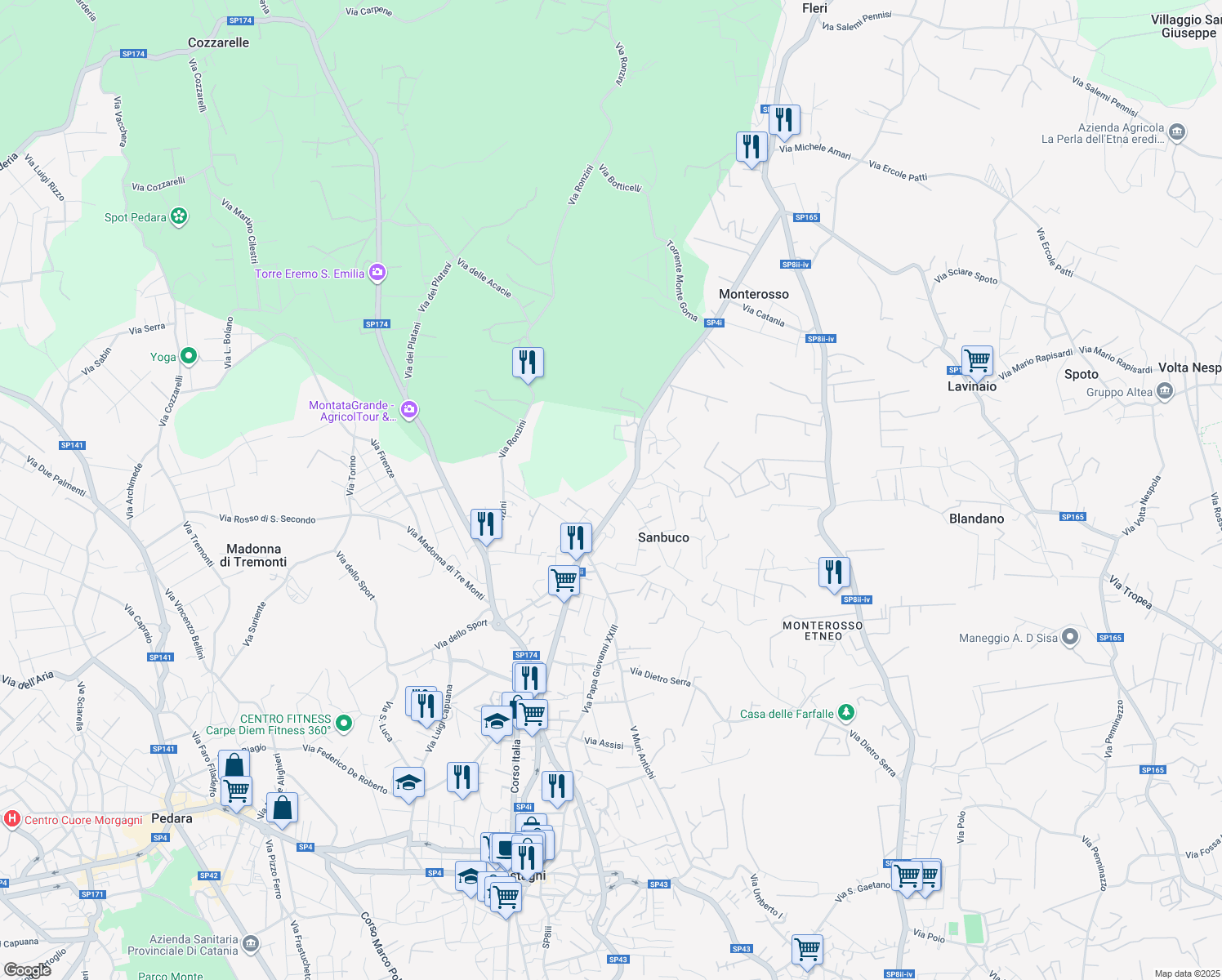 map of restaurants, bars, coffee shops, grocery stores, and more near 3 Via Piero della Francesca in Trecastagni