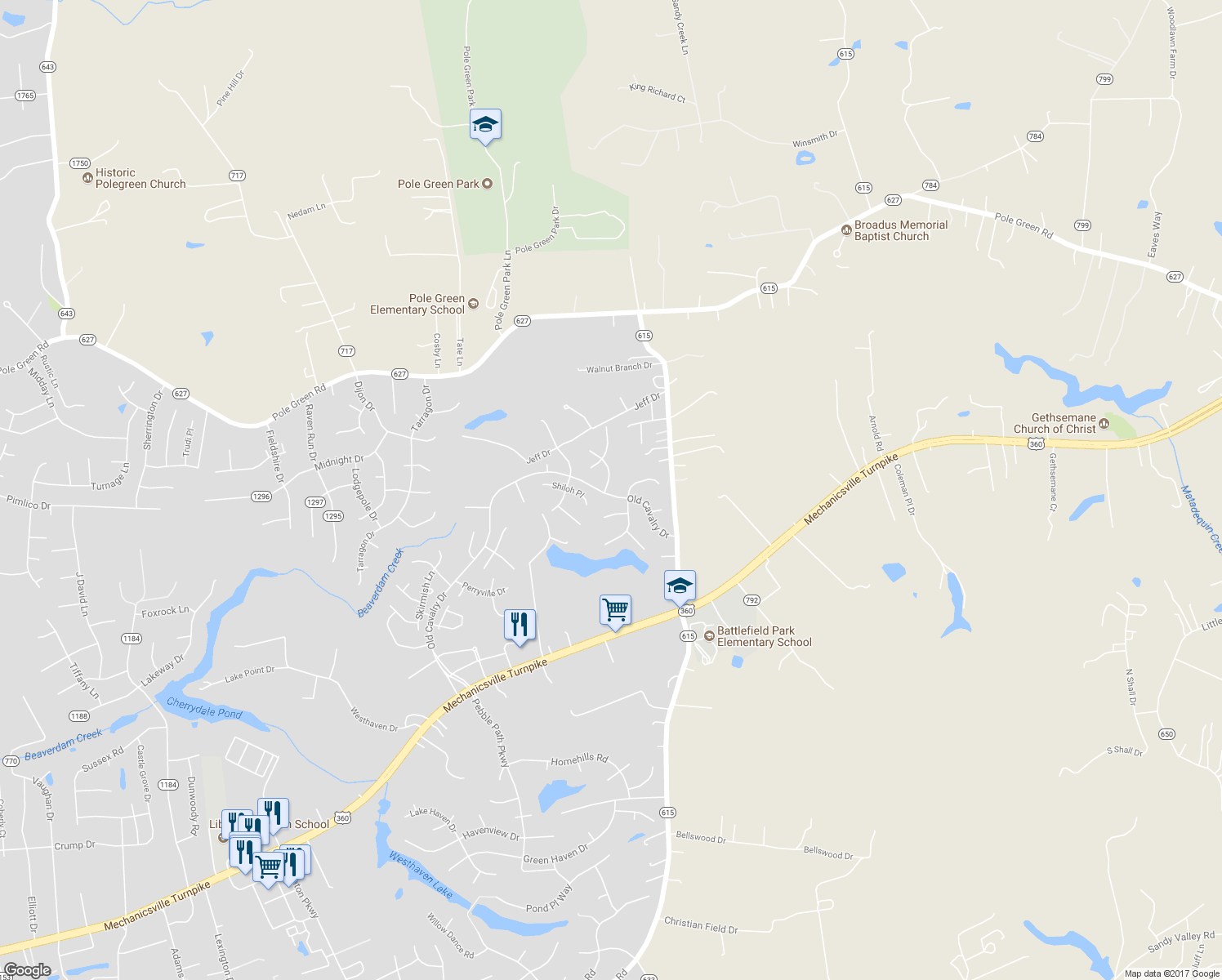 map of restaurants, bars, coffee shops, grocery stores, and more near 8300 Gettysburg Lane in Mechanicsville