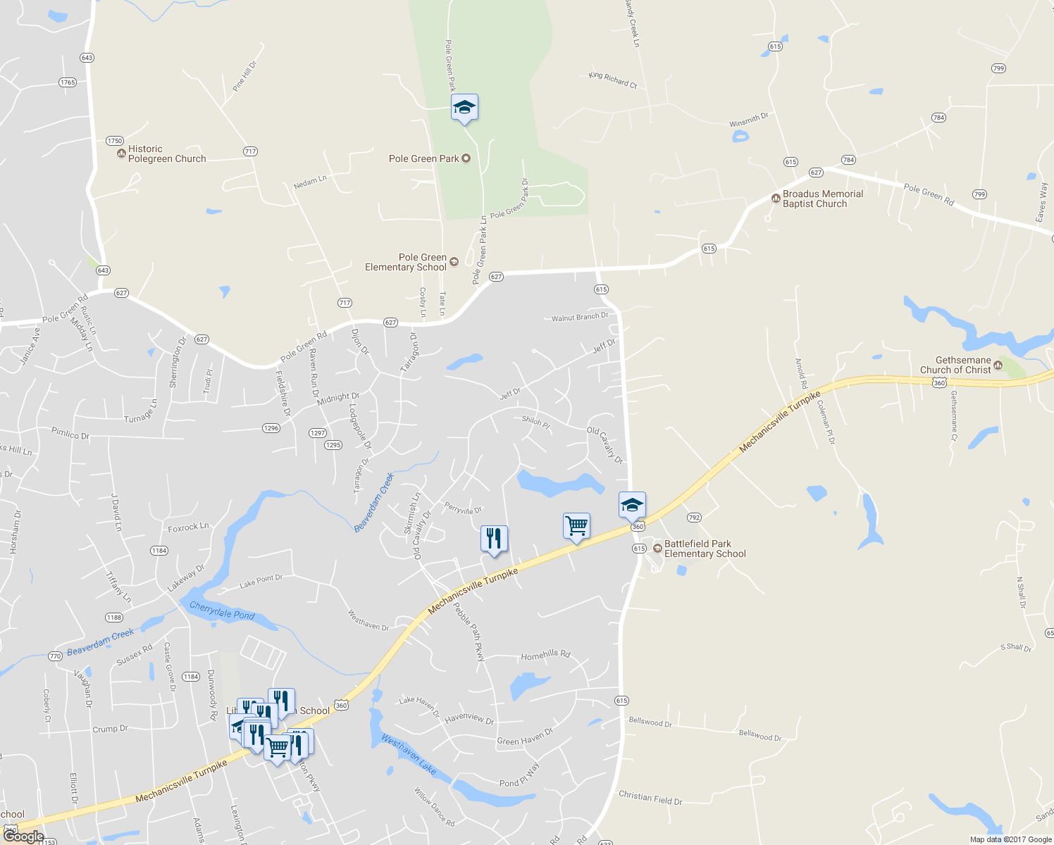 map of restaurants, bars, coffee shops, grocery stores, and more near 6053 Shiloh Place in Mechanicsville